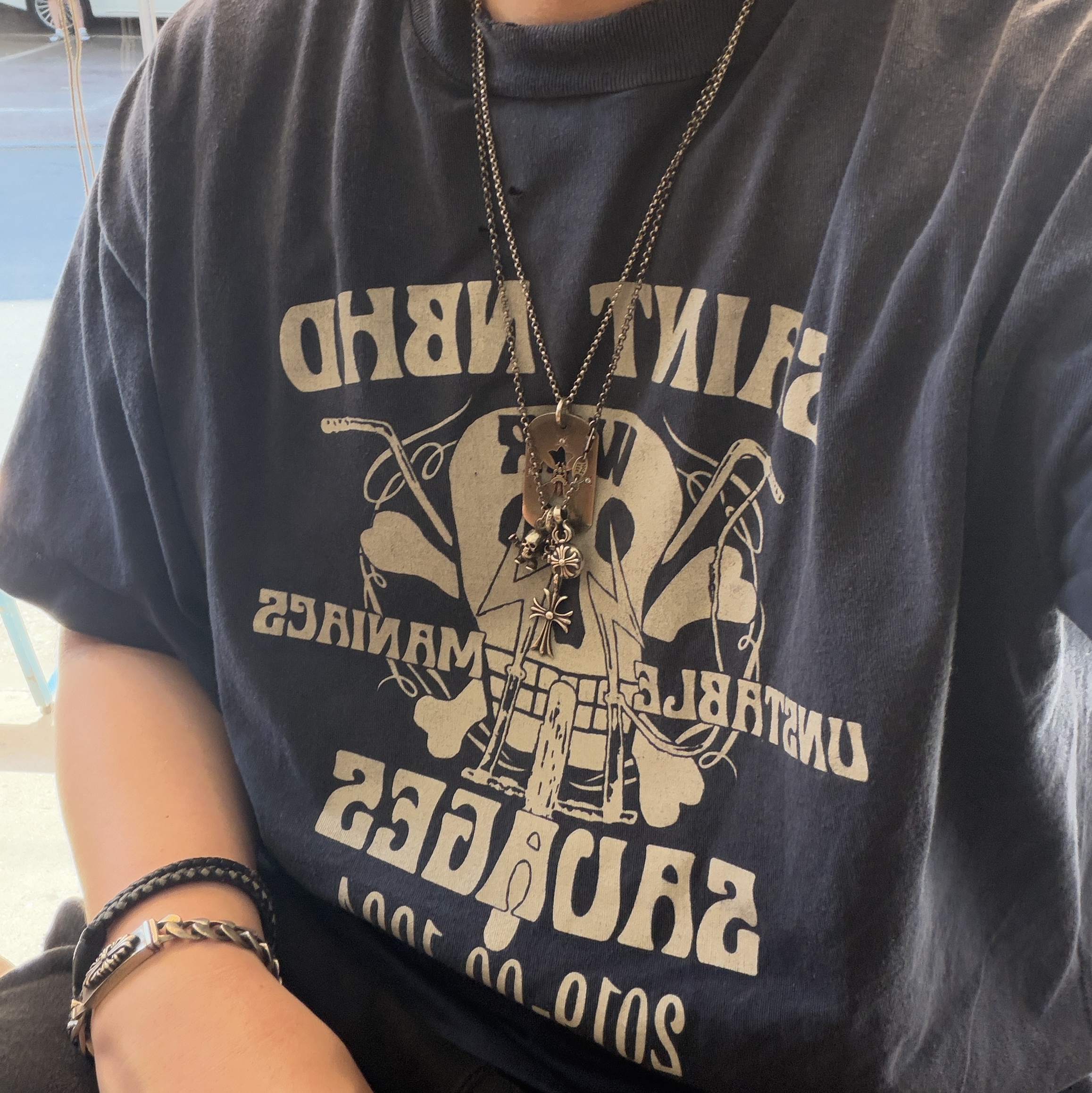 Neighborhood x Saint Mxxxxxx STHD Saint NBHD T-Shirt Navy - 25SS, Adidas Climacool Off White 착용 스타일 - 3