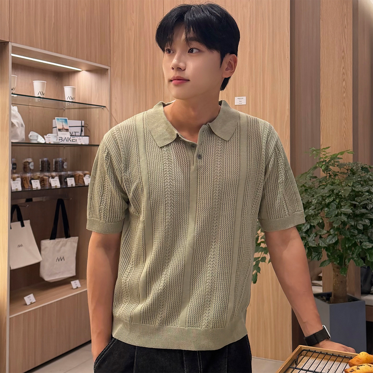 니티드 린넨 스카시 카라 반팔 니트 올리(Knitted Linen Skashi Collar Half Knit OLIVE) - 2