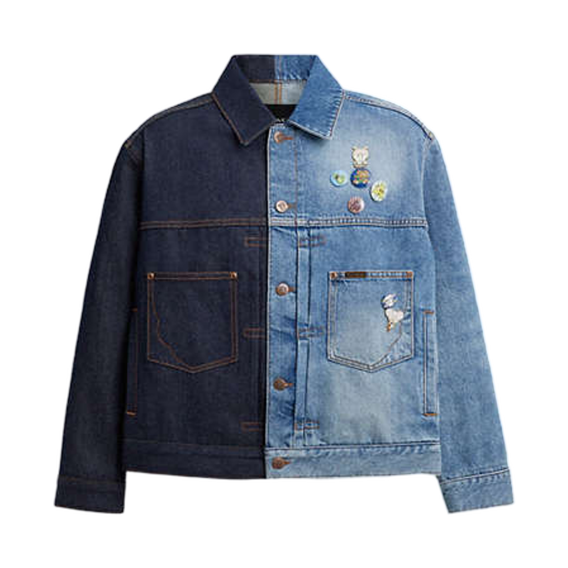 코치 x 브레인 데드 스플릿 데님 자켓 인 리사이클드 코튼 블루 멀티(Coach x Brain Dead Split Denim Jacket in Recycled Cotton Blue Multi)