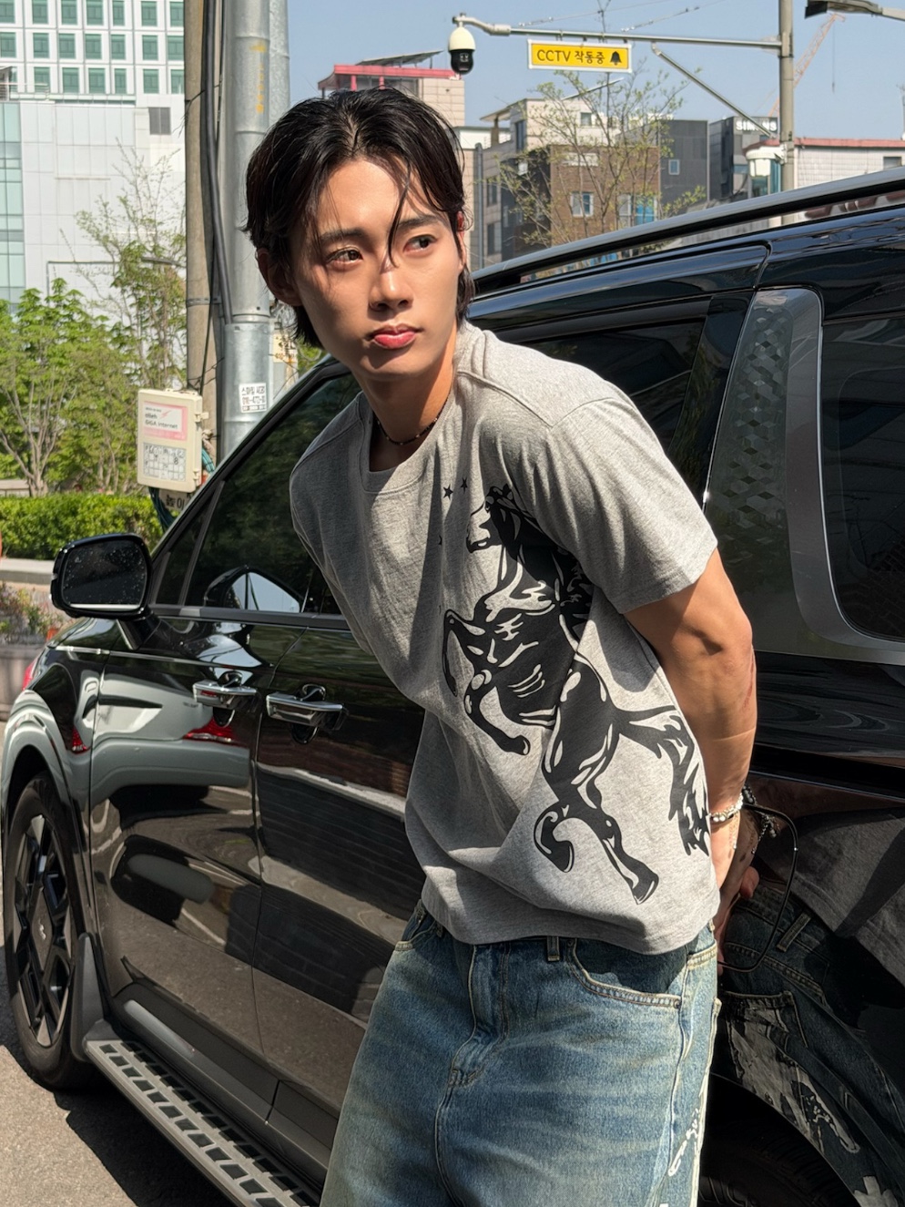 [KREAM 단독] AMOU Big Horse Half T-Shirts Gray 착용 스타일