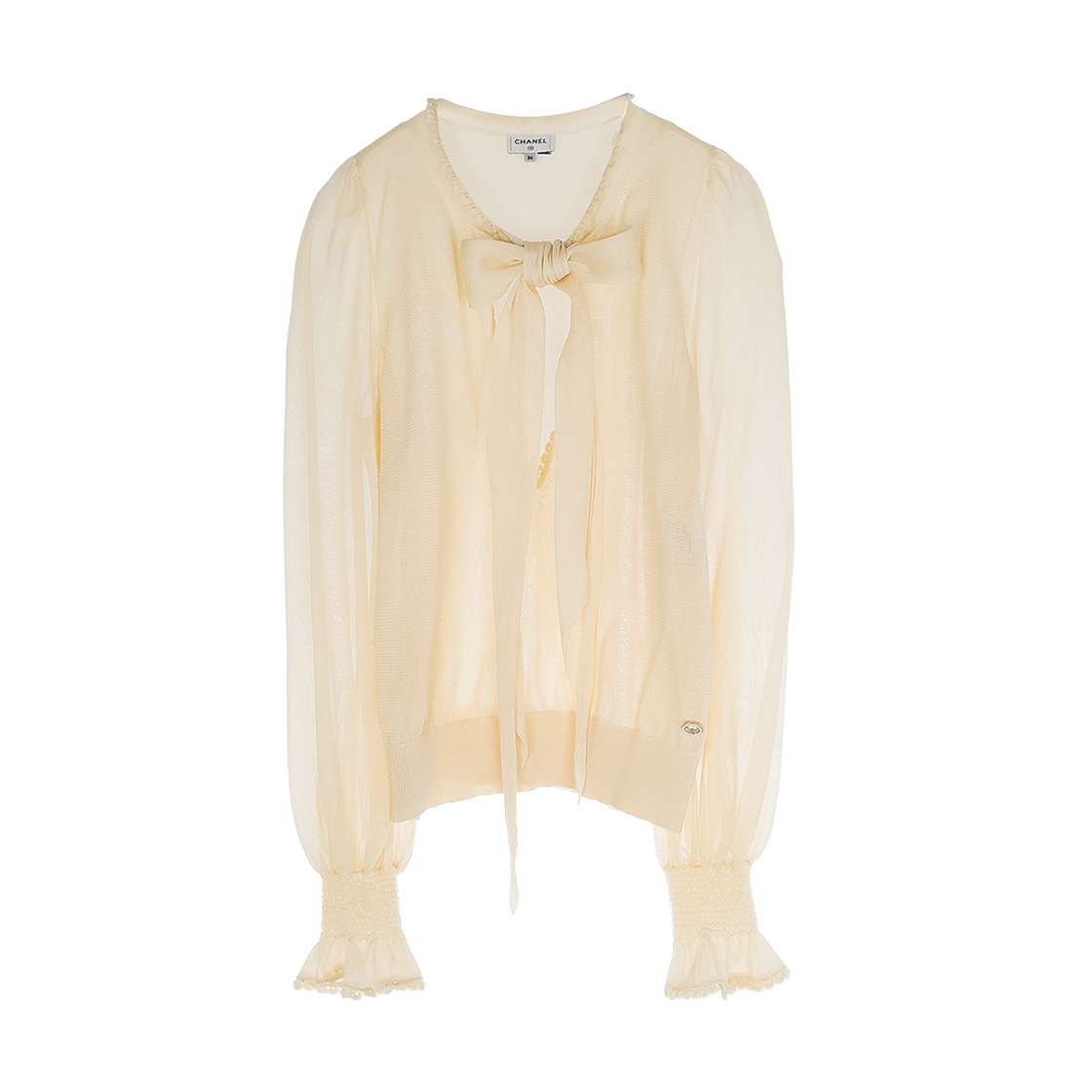 샤넬 시스루 타이 리본 블라우스 36 라이트 옐로우 (6ET0911)(Chanel Sheer Tie Ribbon Blouse Light Yellow 6ET0911)