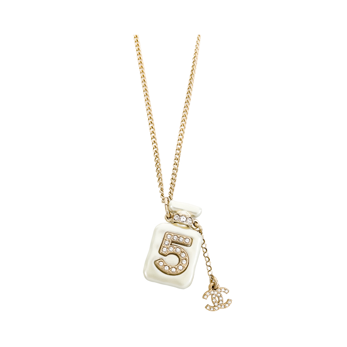 샤넬 22S 향수병 네크리스 펄리화이트 샴페인골드 (6ET0879)(Chanel 22S Perfume Bottle Necklace in Pearly White & Champagne Gold 6ET0879)