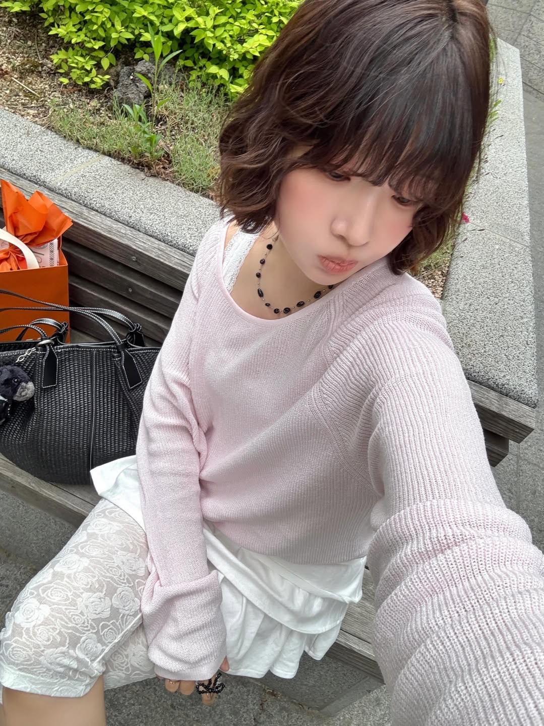 Rosefrantz Boatneck Sheer Basic Knit [Pink], Rosefrantz Rose Cancan Mini Skirt [White] 착용 스타일 - 1