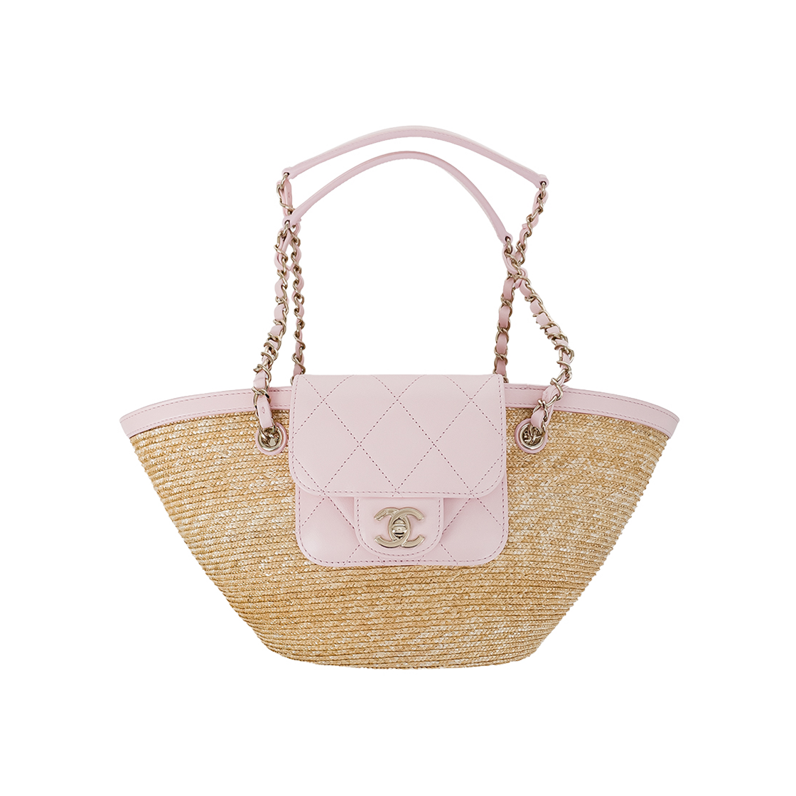 샤넬 26C 쇼핑백 스몰 라이트핑크 샴페인골드 램스킨 & 라피아 (6ET0916)(Chanel 26C Small Shopping Bag in Light Pink Champagne Gold Lambskin & Raffia 6ET0916) - 1