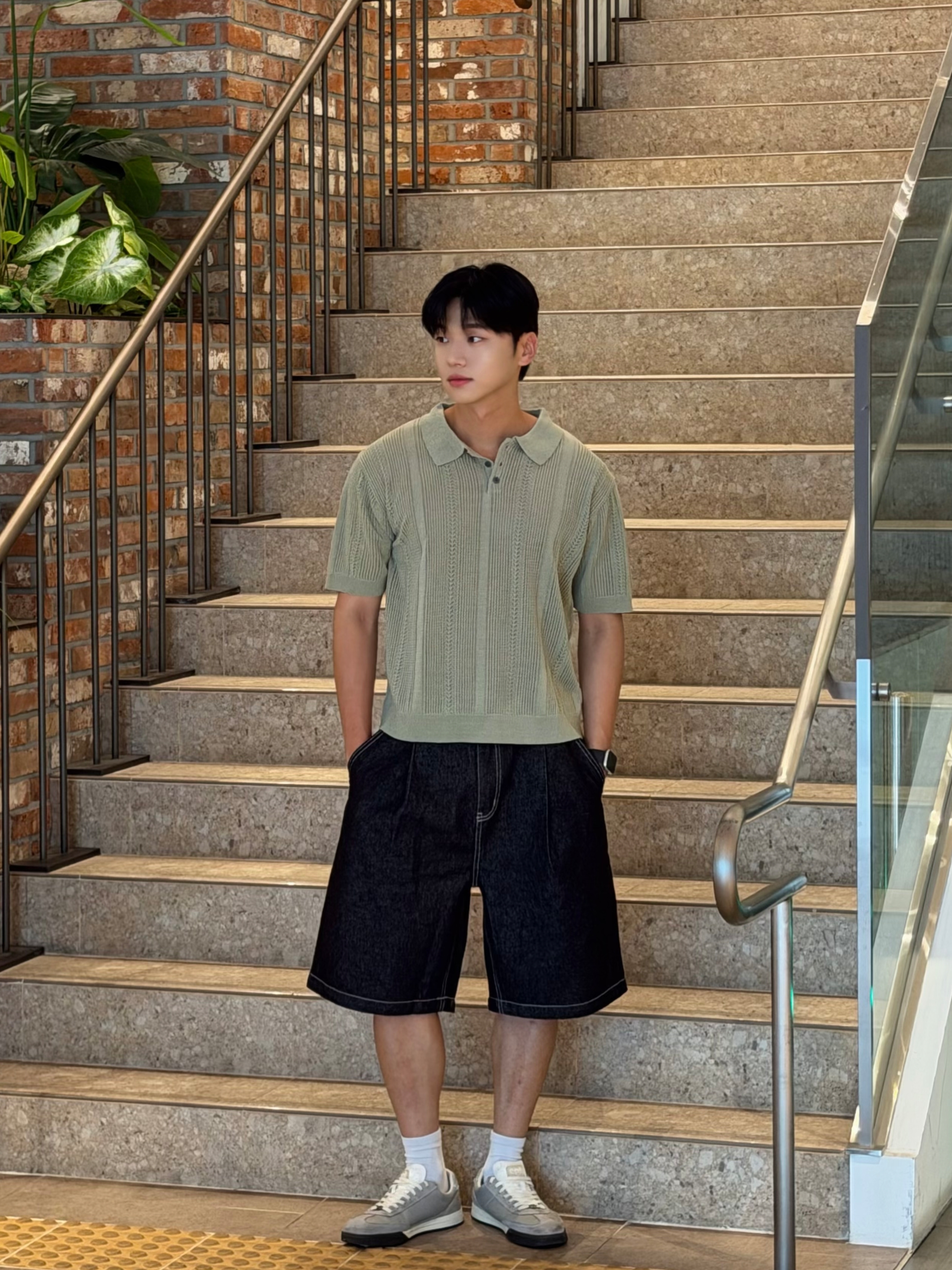 Knitted Linen Skashi Collar Half Knit OLIVE, Knitted Linen Skashi Collar Half Knit LINEN 착용 스타일 - 4