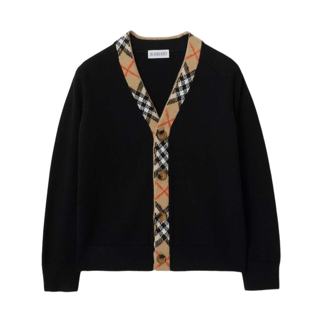 8117201 (Kids) Burberry Check Trim Wool Cardigan Black