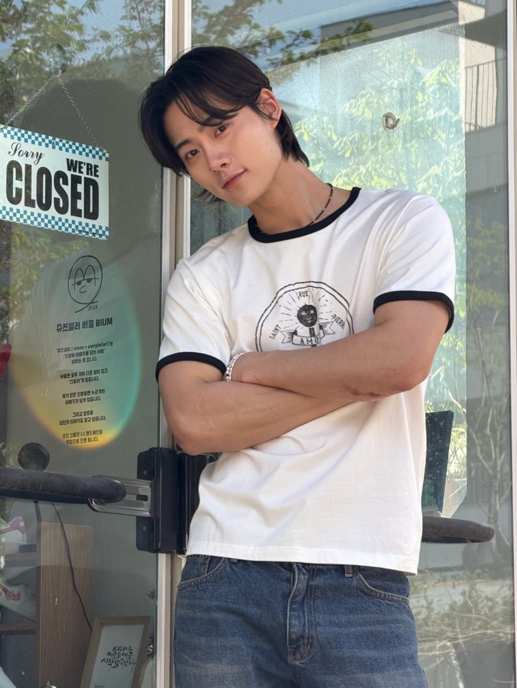 AMOU Anchor Ringer T-Shirts White 착용 스타일 - 2