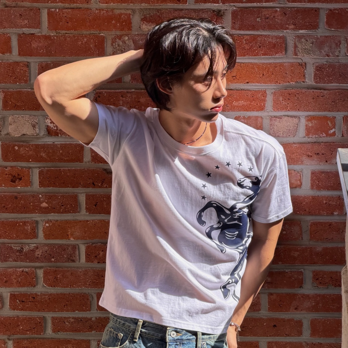 [KREAM 단독] AMOU Big Horse Half T-Shirts White 착용 스타일