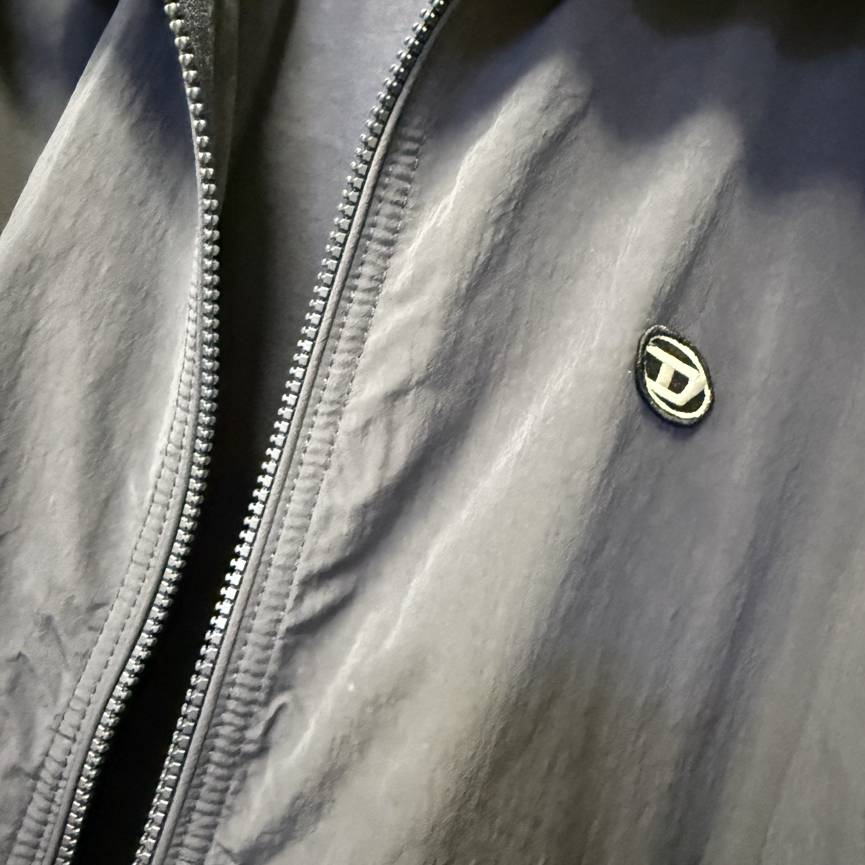 Diesel J-Bright Track Jacket in Wrinkled Nylon and Denim Blue 착용 스타일