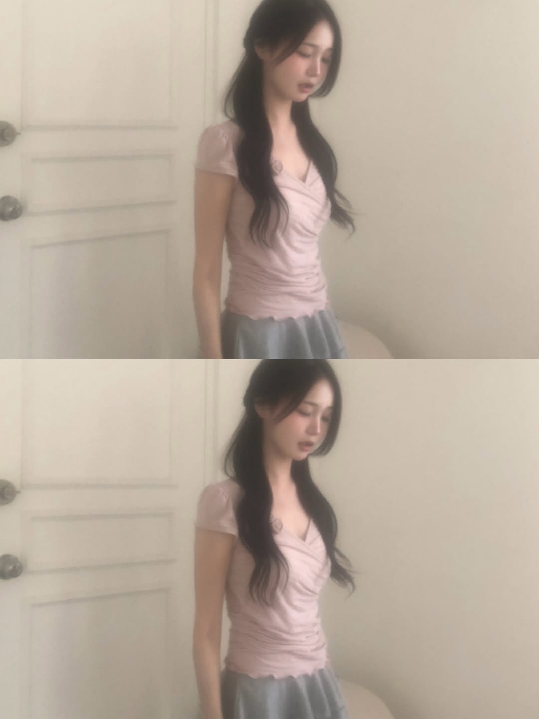 Rosefrantz Corsage Shirring Tie T-shirt [Pink] 착용 스타일 - 4