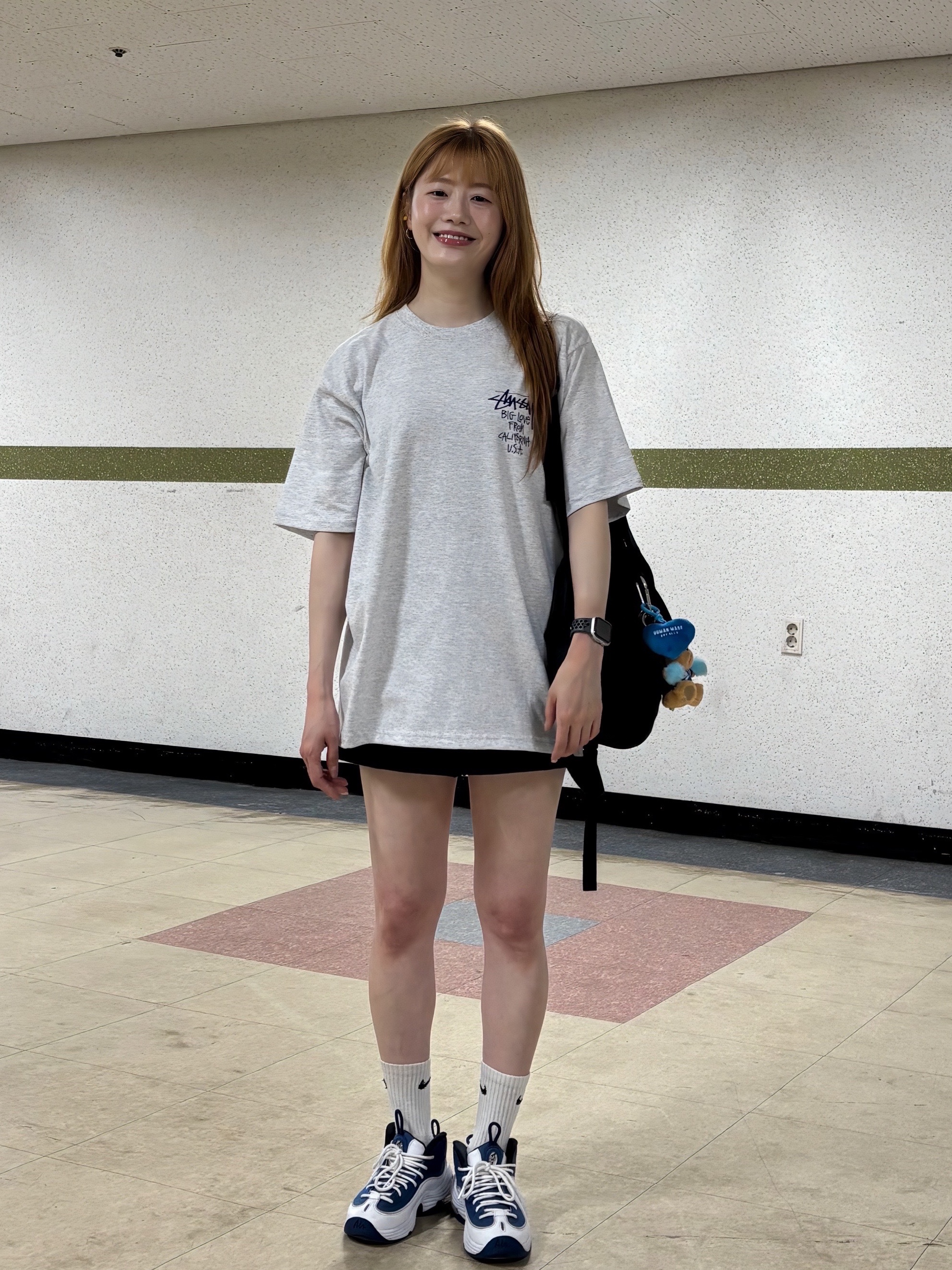 Stussy Big Love T-Shirt Ash Heather, Nike Air Penny II Atlantic Blue 착용 스타일 - 7