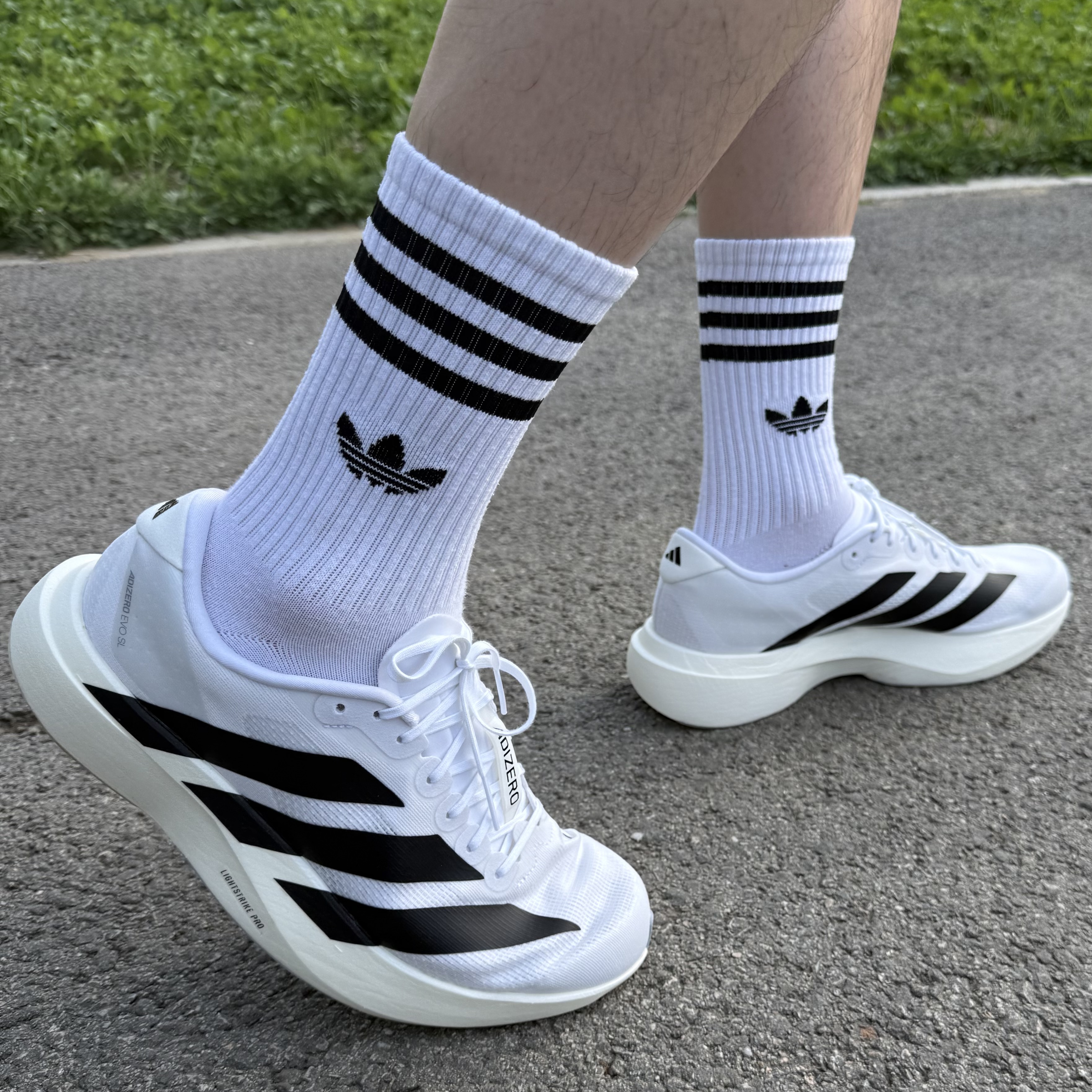 Adidas Adizero EVO SL Cloud White Core Black 착용 스타일