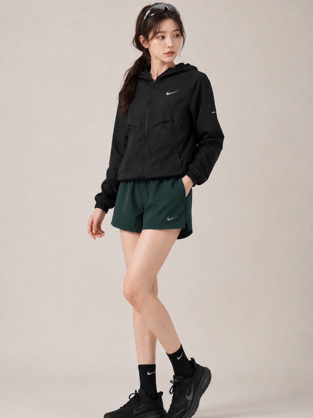 Nike Stride Repel UV Running Jacket Black - Asia, Nike Dri-Fit 7 Inch Unlined Versatile Shorts Vintage Green Black - US/EU 착용 스타일 - 2