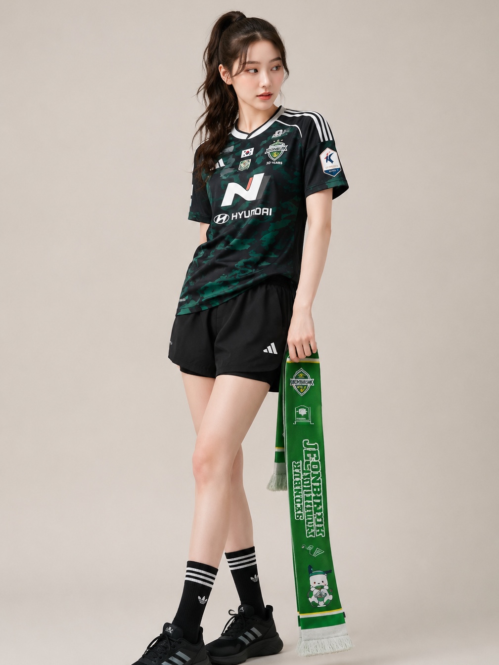 Adidas Jeonbuk Hyundai Motors FC 2025 Field Home Uniform Green (Non Marking Ver.), K League x Sanrio Characters 2025 Muffler Pochacco Jeonbuk Hyundai Motors Green 착용 스타일