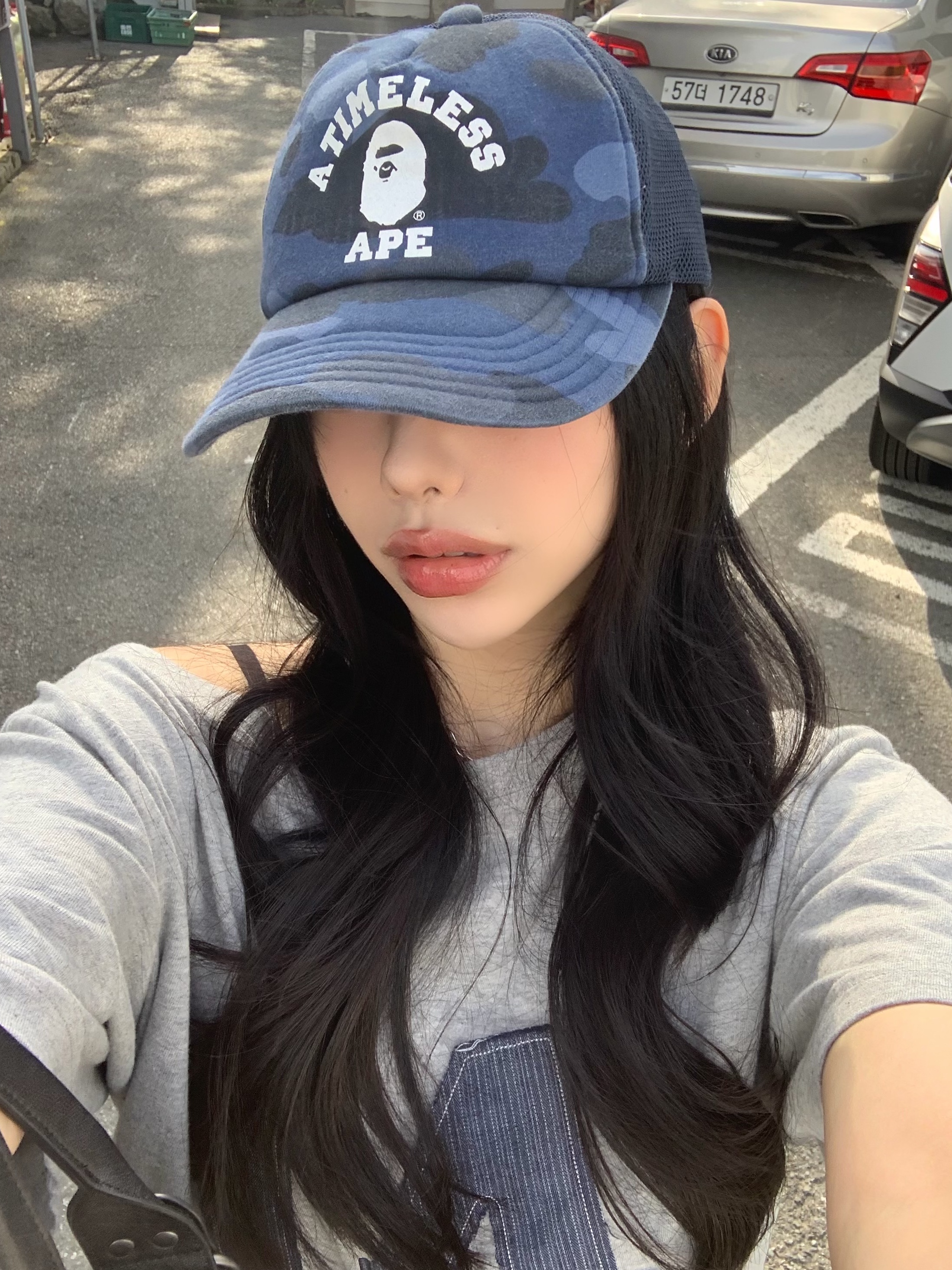 BAPE x JJJJound Color Camo College Mesh Cap Navy 착용 스타일