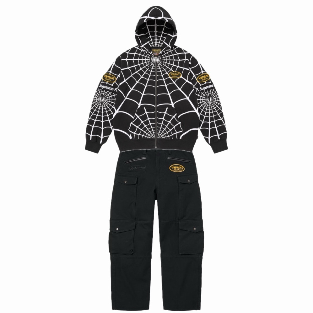 Supreme x Vanson Leathers Spider-Man Zip Up Hooded Sweatshirt Black - 26SS, Supreme x Vanson Leathers Cordura Pant Black - 26SS 착용 스타일