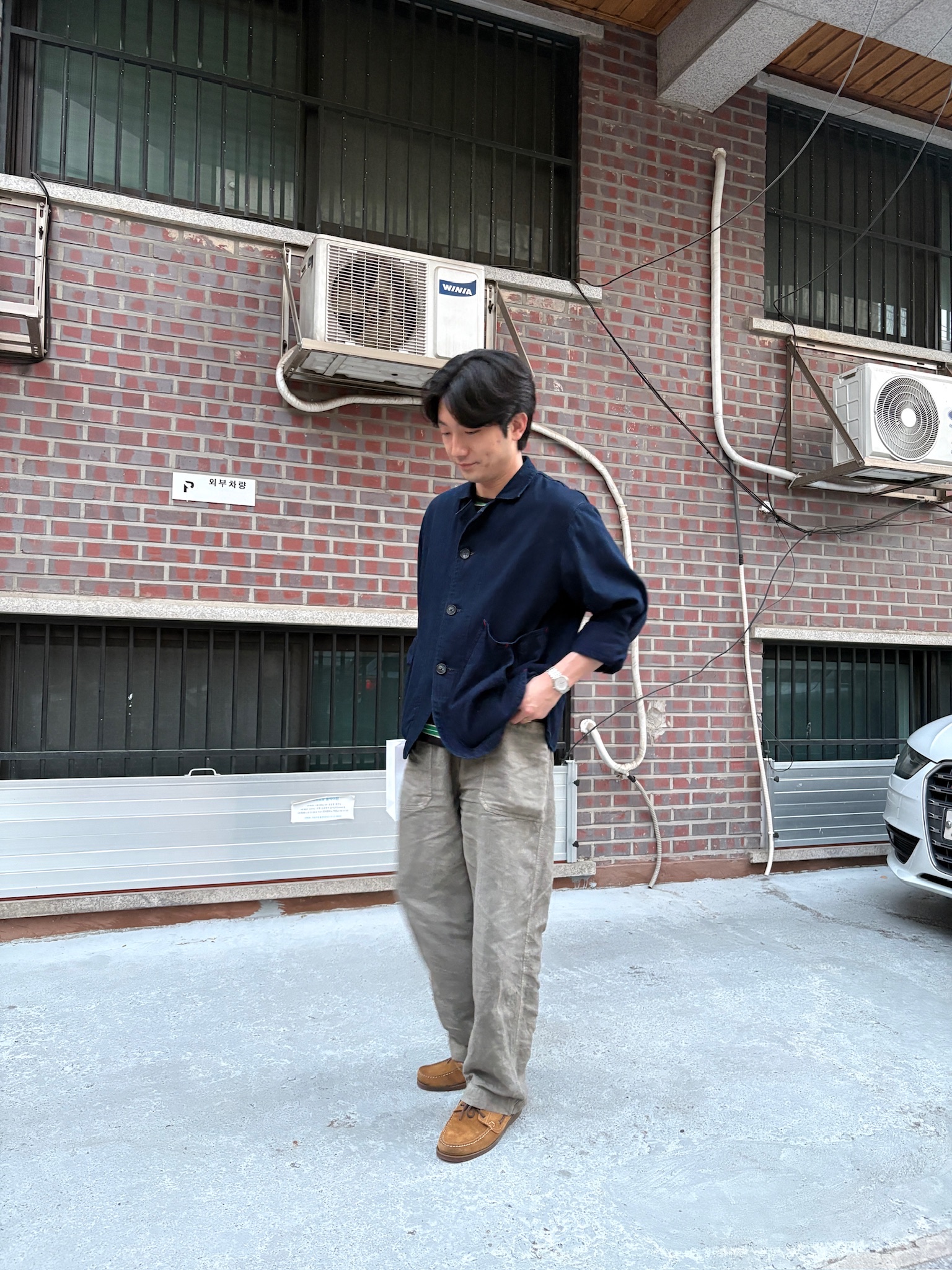 Kapital 10 oz. IDGIDG & 8 oz. IDGIDG Appleman Coverall Indigo, Paraboot Barth Marine Veloaurs Fauve 착용 스타일 - 2