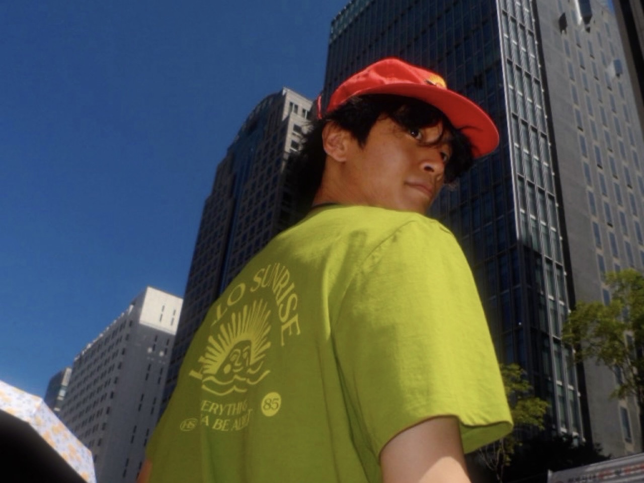 Hello Sunrise Washed Sunrise Cat Logo 6Panel Cap Scarlet Orange 착용 스타일 - 1