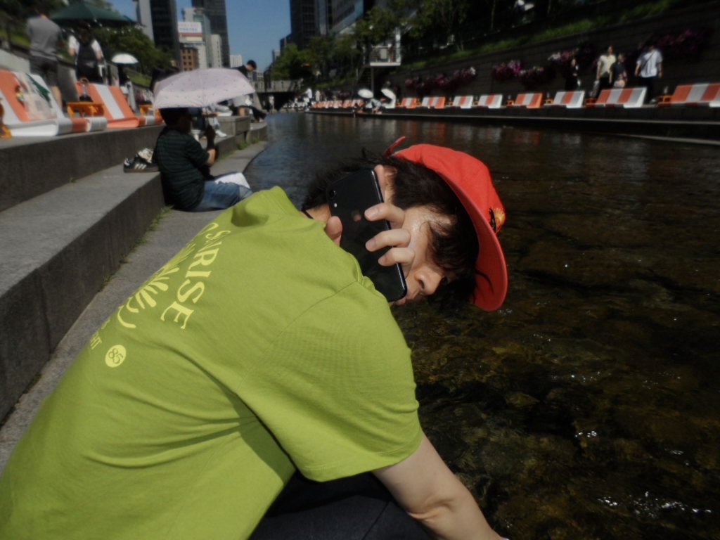 Hello Sunrise Washed Sunrise Cat Logo 6Panel Cap Scarlet Orange 착용 스타일 - 3