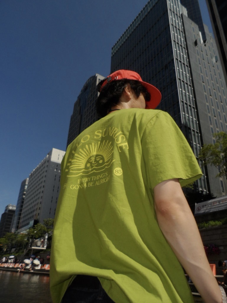 Hello Sunrise Washed Sunrise Cat Logo 6Panel Cap Scarlet Orange 착용 스타일 - 2
