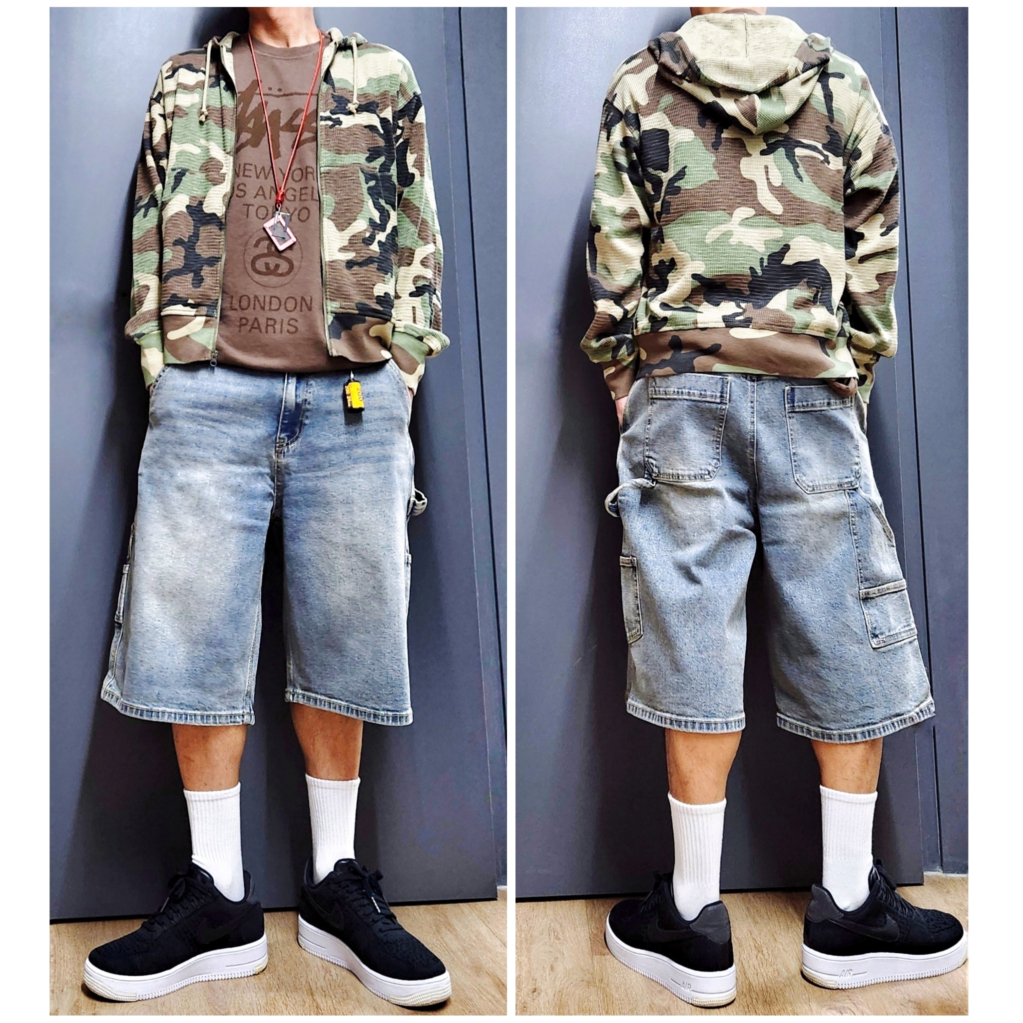 Stussy Lightweight Thermal Hoodie Camo, Nike Air Force 1 Ultra Flyknit Low PRM Black White 착용 스타일 - 1