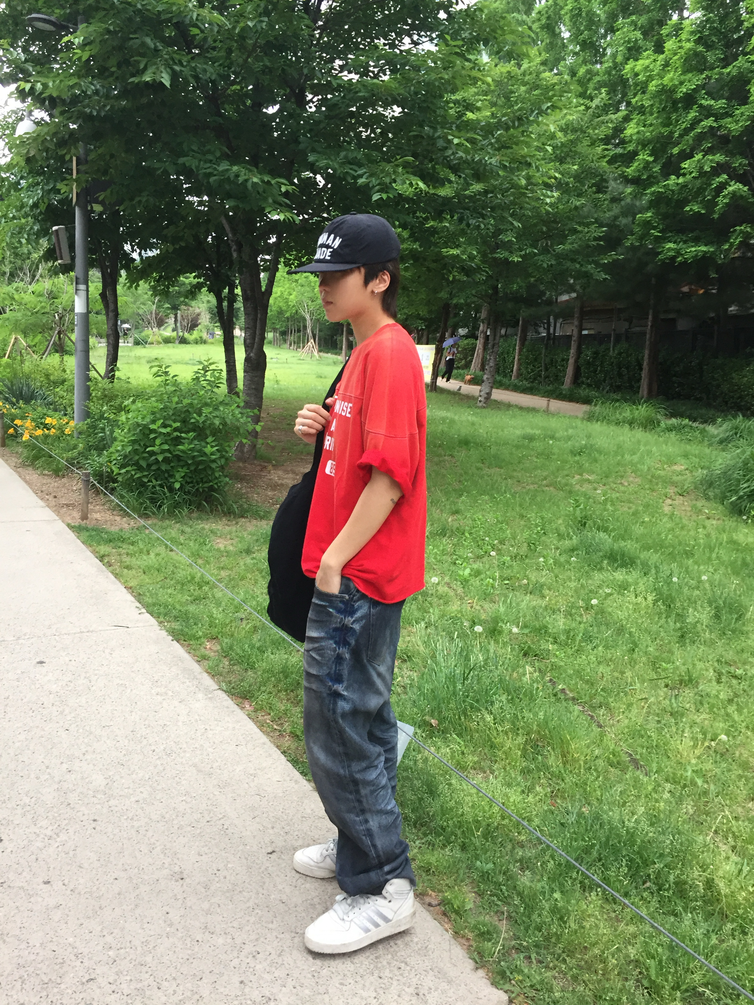 Human Made Baseball Cap Navy, Cornerbless Regular Sagging Dirty Denim Pants Dark Blue 착용 스타일 - 1