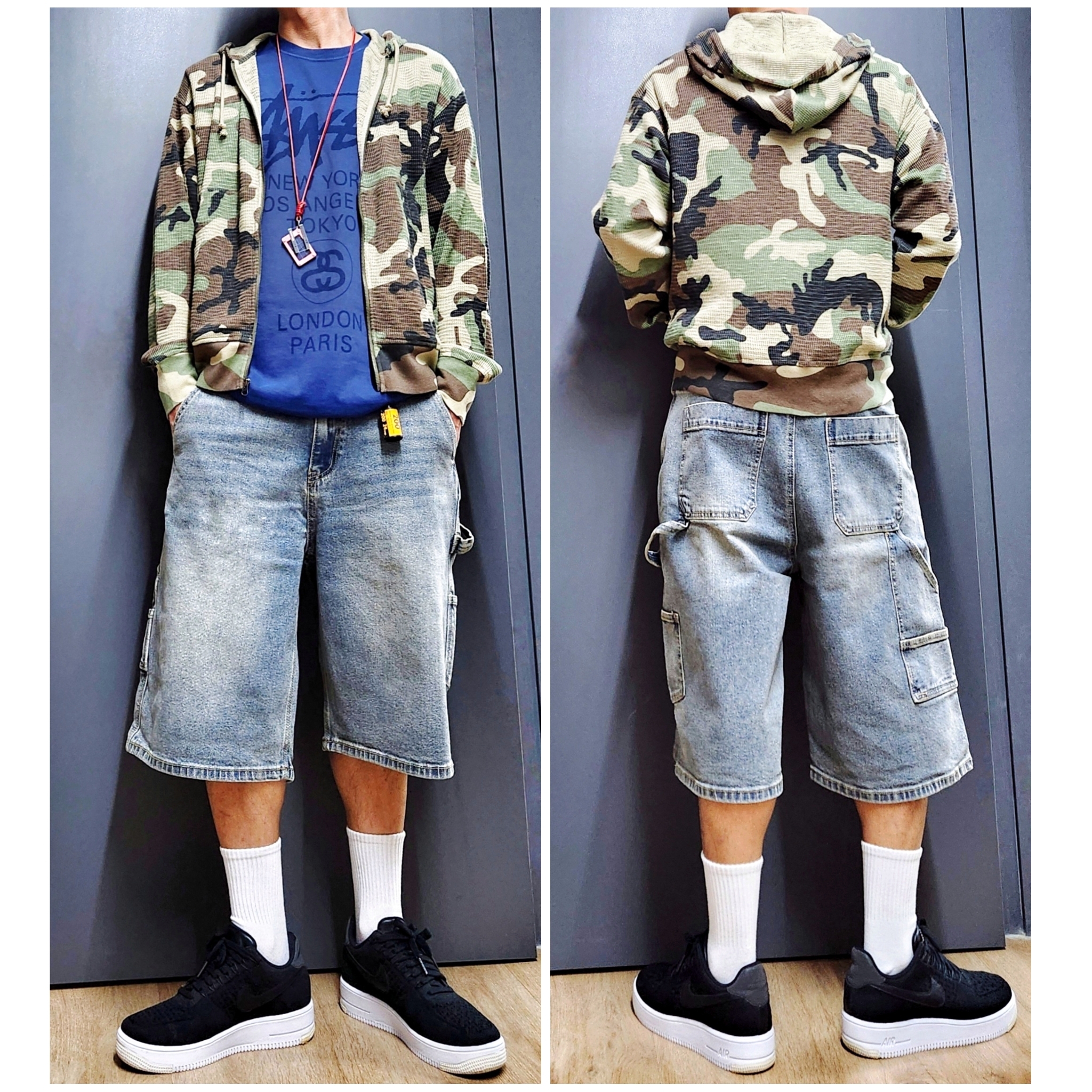 Stussy Lightweight Thermal Hoodie Camo, Nike Air Force 1 Ultra Flyknit Low PRM Black White 착용 스타일 - 2