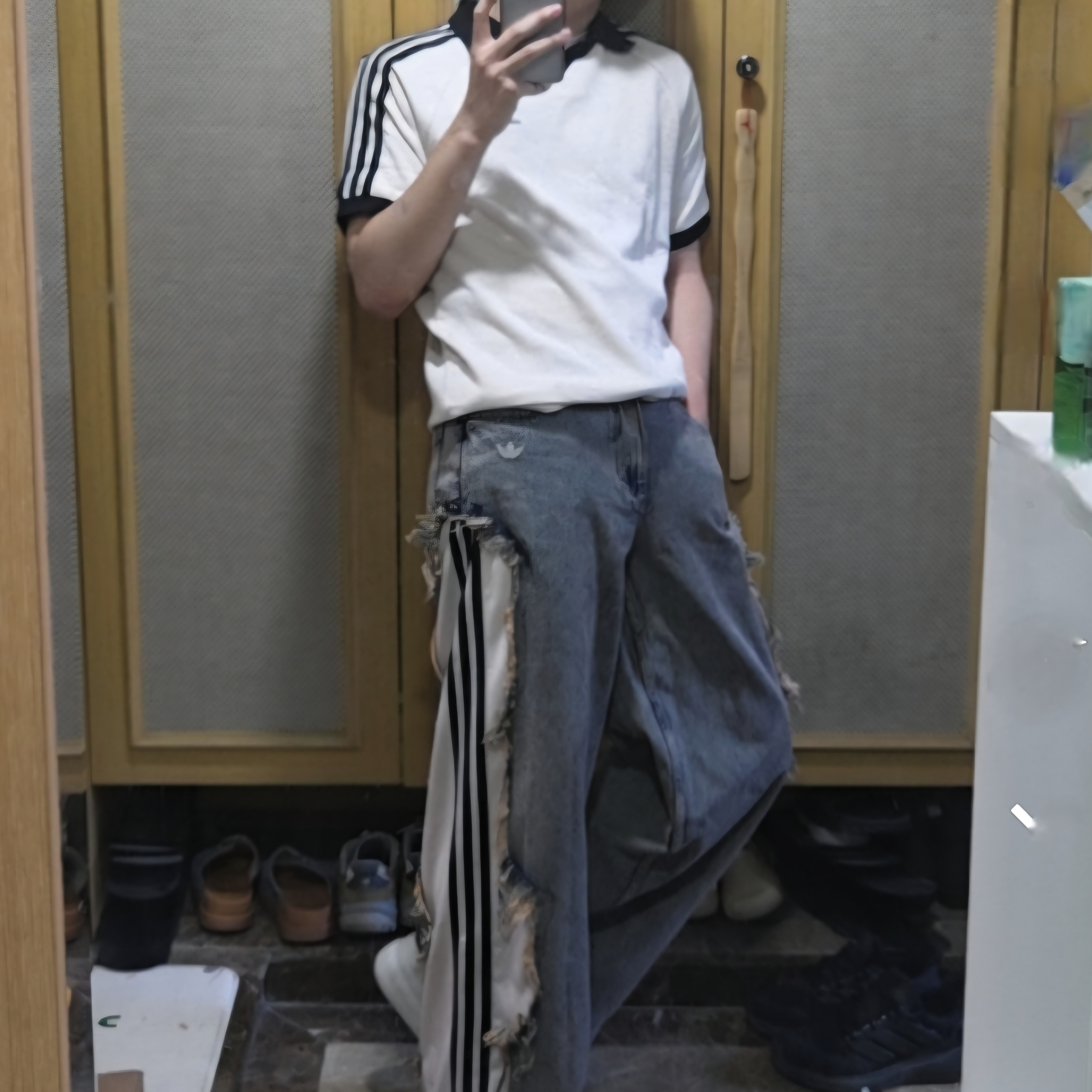 (W) Adidas Adilenium 5.0 Deconstructed Denim Pants Chalky Brown - KR Sizing, Adidas Originals Waffle Short Sleeve Polo Shirt Wonder White - KR Sizing 착용 스타일