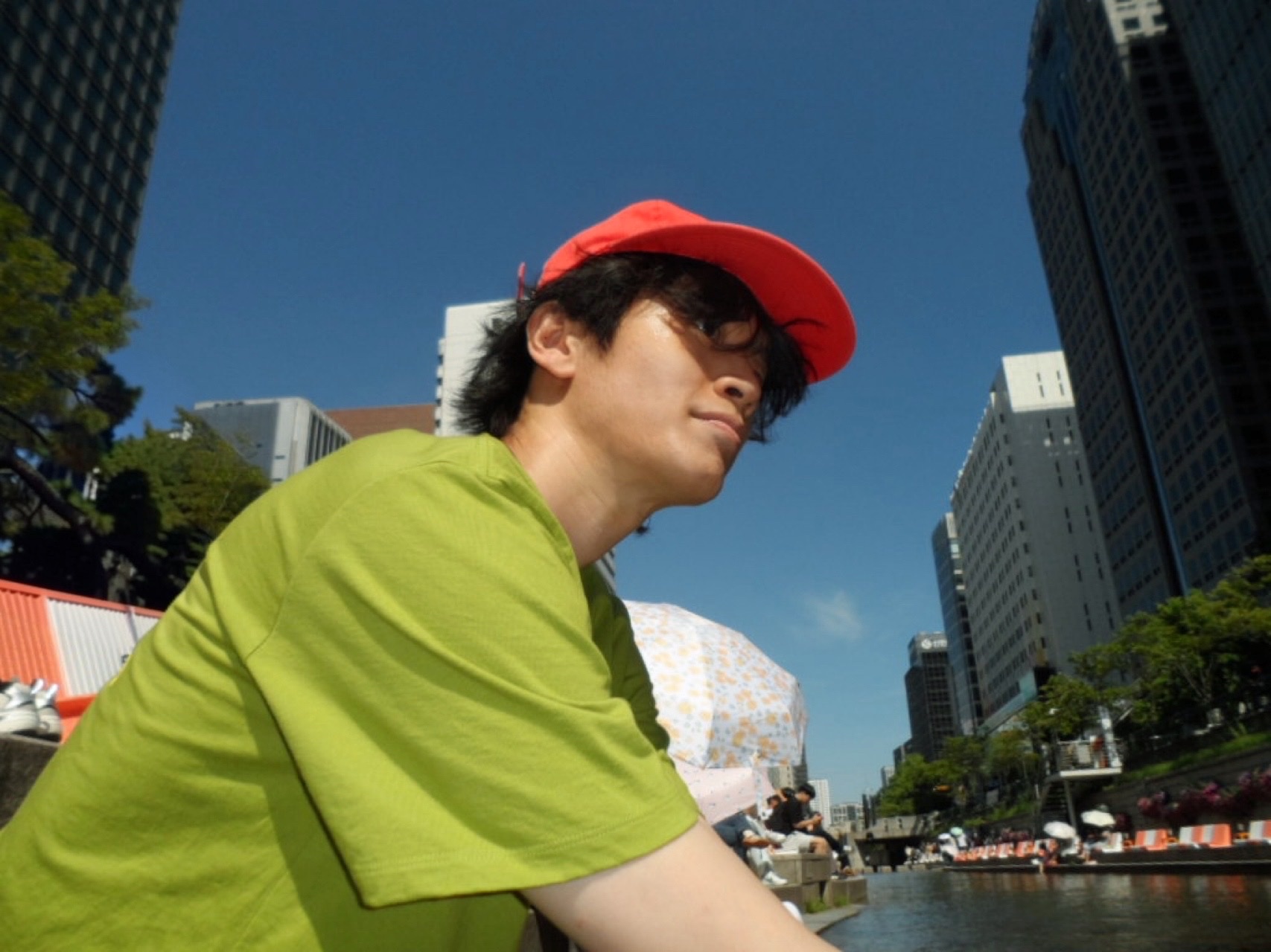 Hello Sunrise Washed Sunrise Cat Logo 6Panel Cap Scarlet Orange 착용 스타일 - 2