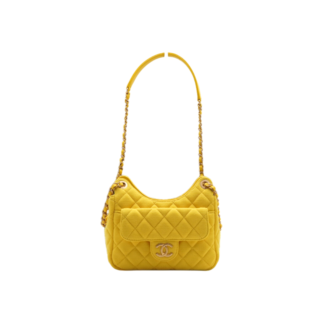 IT86KM7OVNG2 Chanel Yellow Fabric Pocket Gold Chain Small Hobo Shoulder Bag & Crossbody