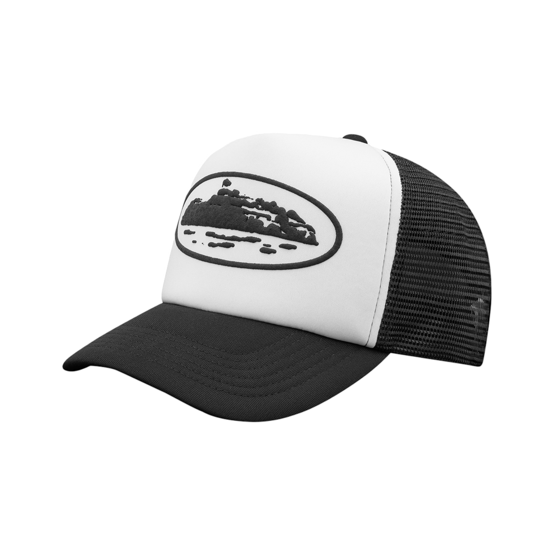 코르테이즈 아일랜드 퍼프 프린트 트러커 햇 화이트 블랙(Corteiz Island Puff Print Trucker Hat White Black)