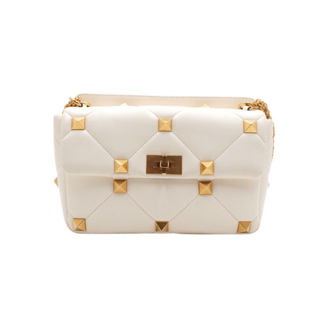 IT5GNJDS5MB9 Valentino White Leather Large Roman Stud Chain Shoulder & Crossbody Bag