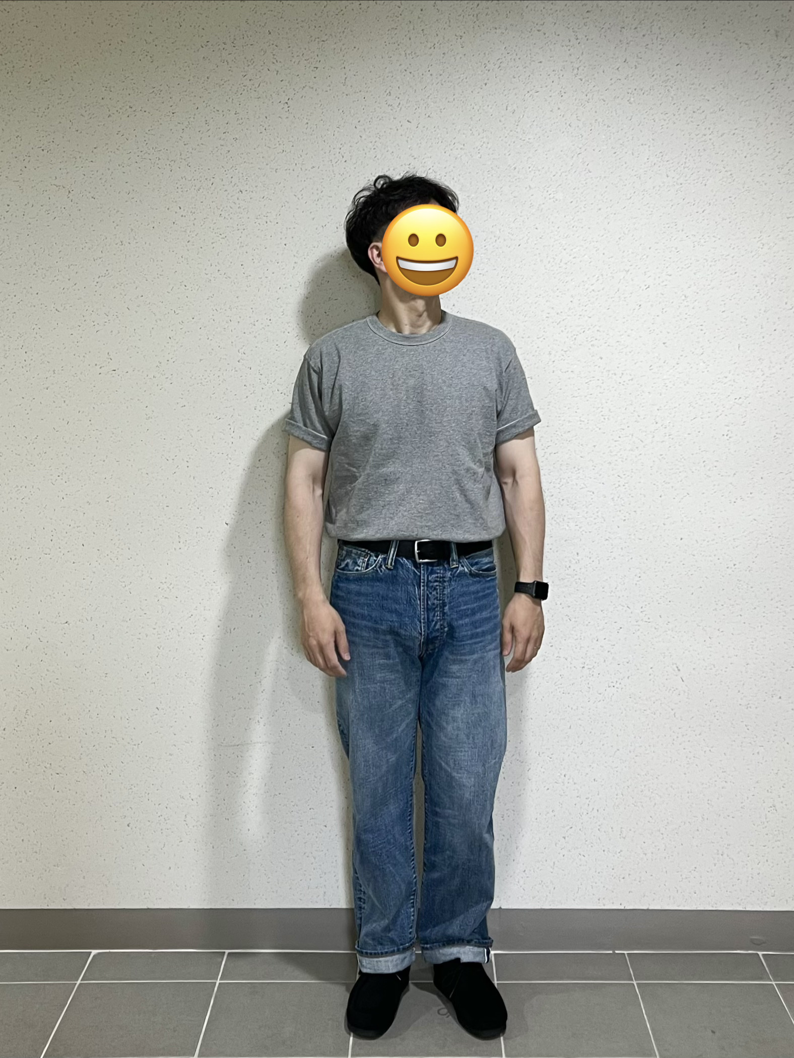 Outstanding 40S Selvedge Straight Pants Light Blue, GU Moccasin Shoes Black 착용 스타일 - 2