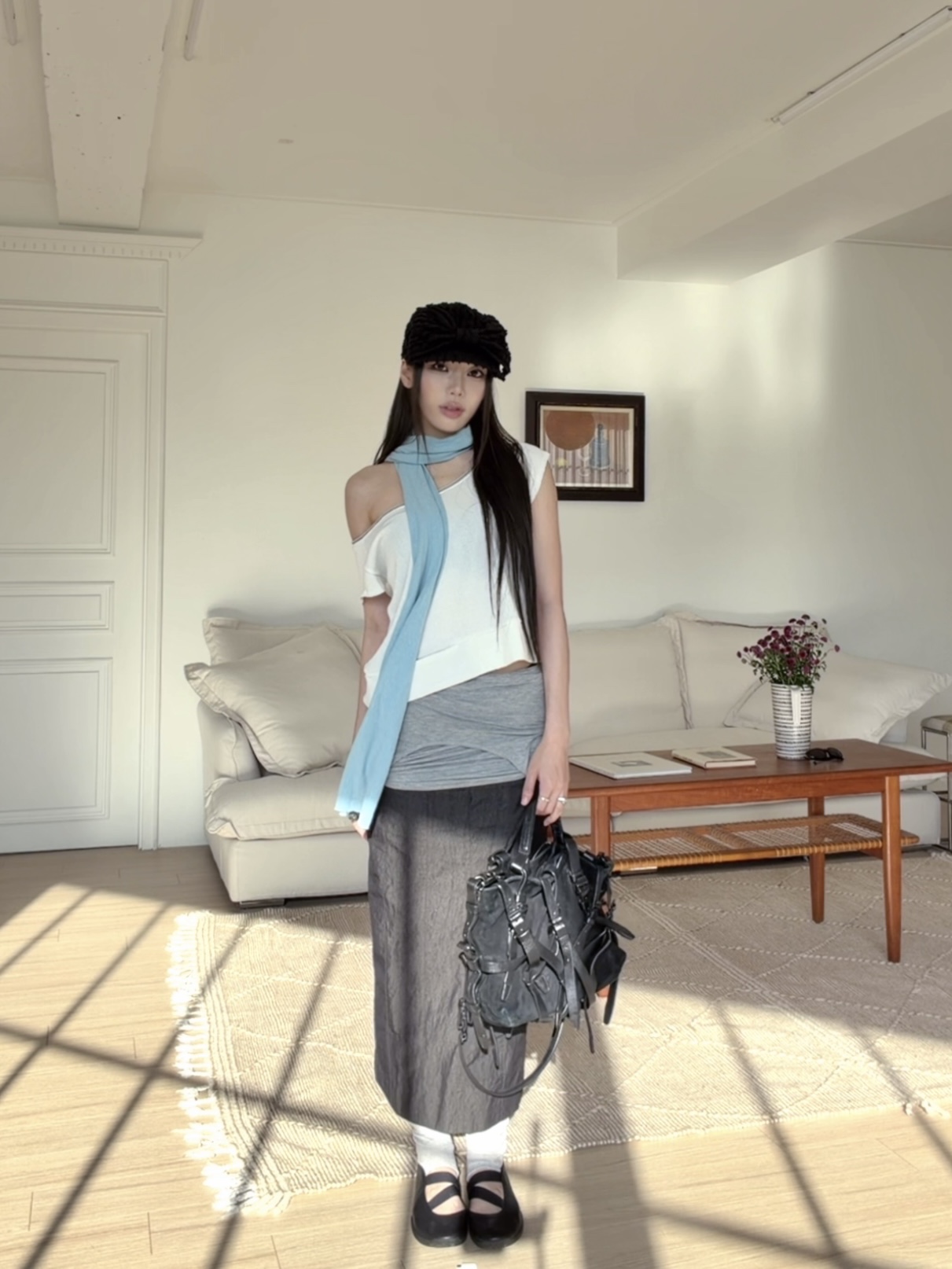[더블적립] Polyteru Women UU Panel Skirt Charcoal, Polyteru Women Peek Pocket Tee White 착용 스타일 - 1