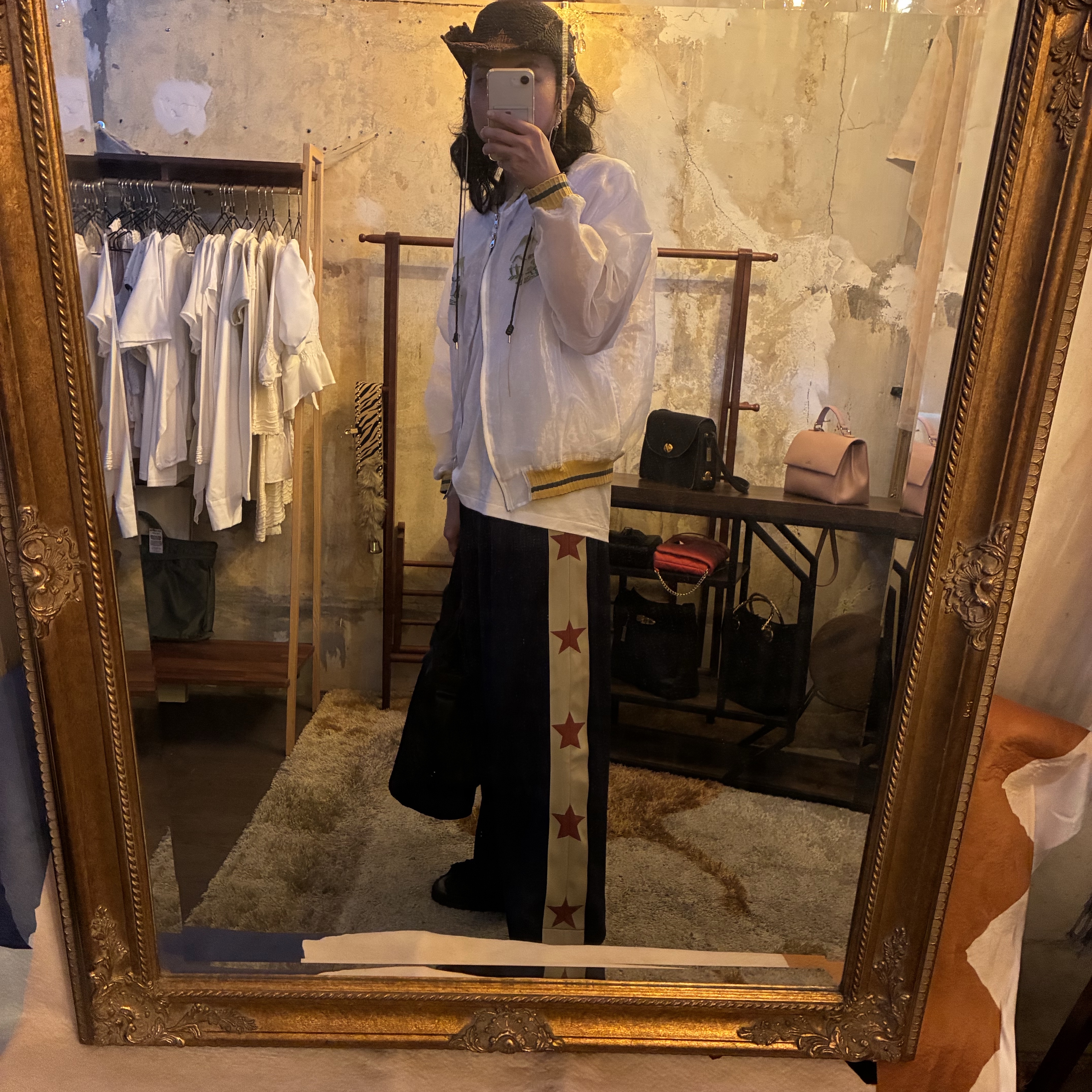 Kapital Smooth Jersey Baggy Track Pants Betsy Ross Navy Red 착용 스타일