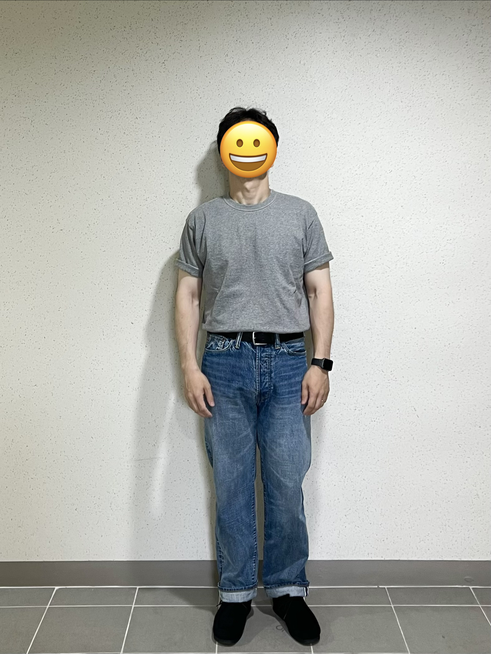 Outstanding 40S Selvedge Straight Pants Light Blue, GU Moccasin Shoes Black 착용 스타일 - 1