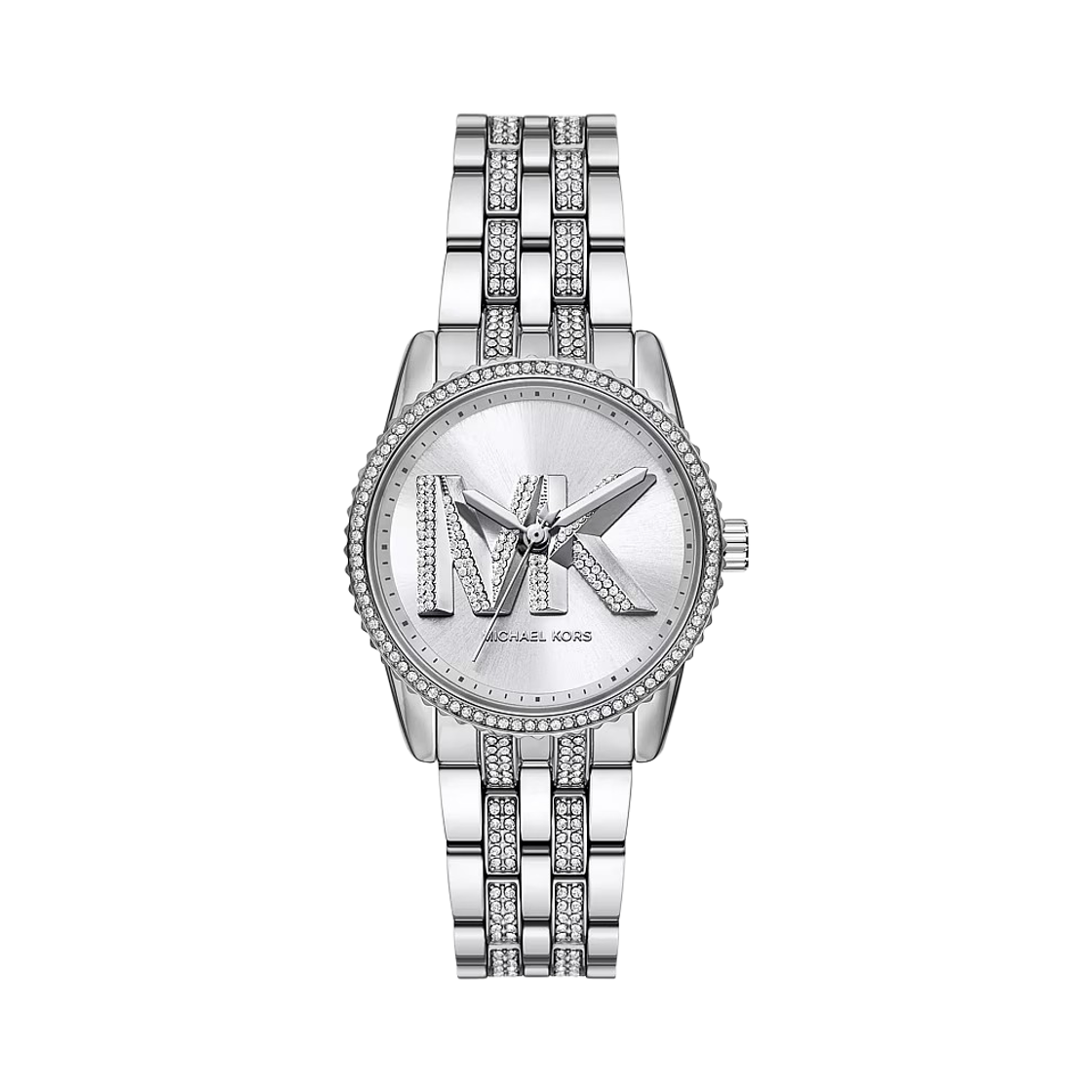 (W) 마이클 코어스 미니 브라이언트 파베 로고 쿼츠 쓰리핸드 35mm 실버 톤 워치((W) Michael Kors Mini Bryant Pave Logo Quartz Three-Hand 35mm Silver Tone Watch)