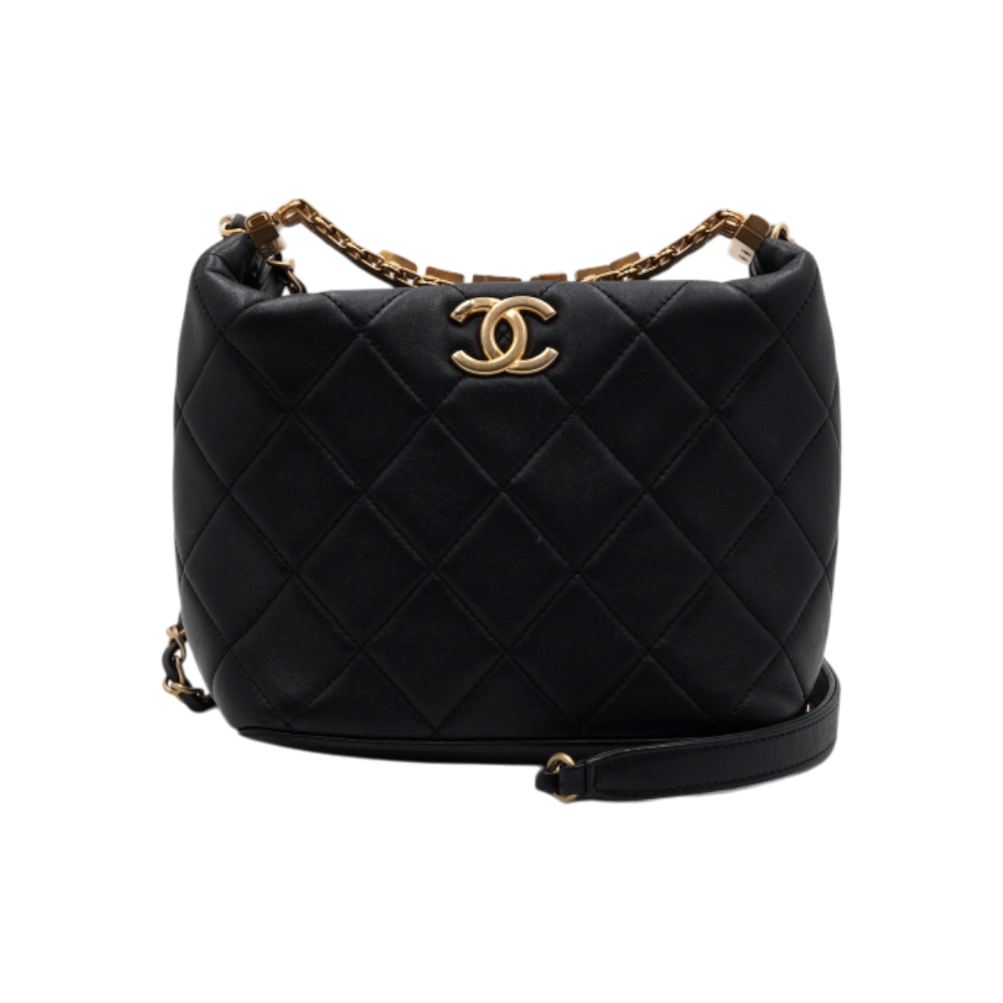 IT8MJ7ANEMNE Chanel Black Lambskin CC Crystal Logo Top Handle Tote Bag Gold Chain Shoulder Strap