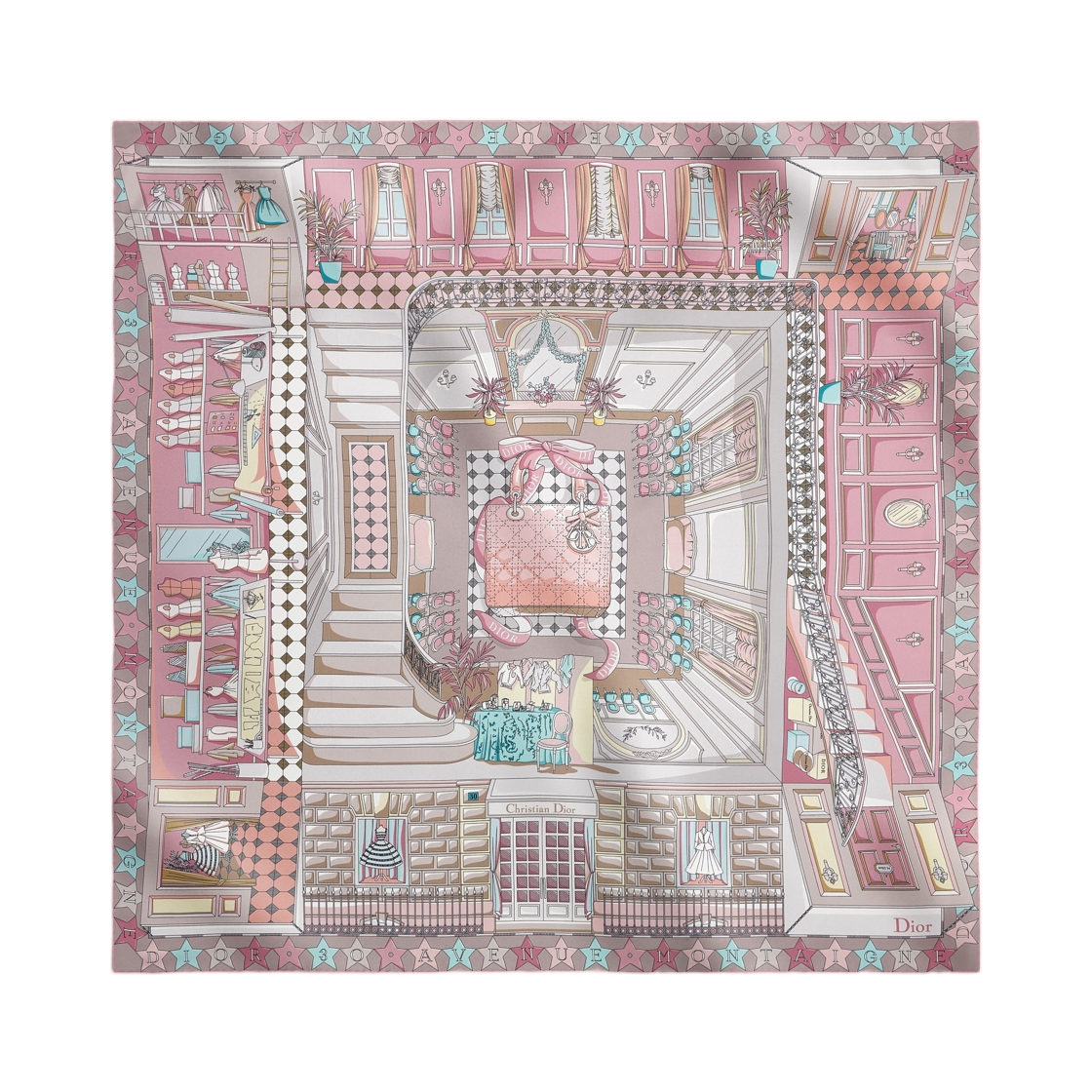 64TC090S6124-C400 Dior Inside Dior Avenue 90 Square Scarf Silk Twill Pink Multicolor
