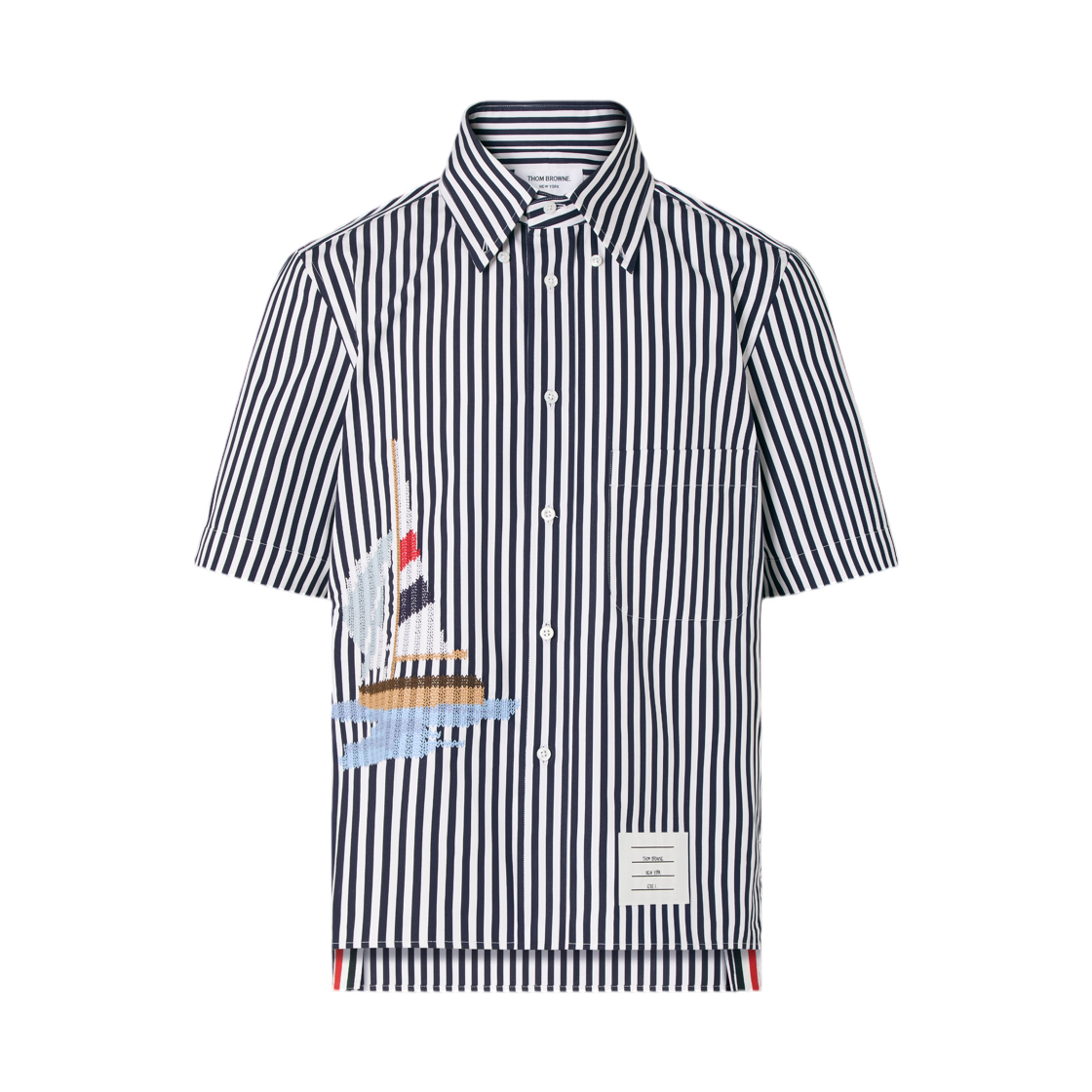 MWS326E-E1594-415 Thom Browne Striped Sailboat Embroidery Short Sleeve Shirt Navy