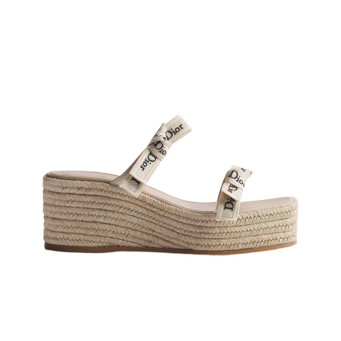 KDO653ECJ-S61U Dior J’Adior Strap Wedge Slide Embroidered Cotton & Natural Raffia White