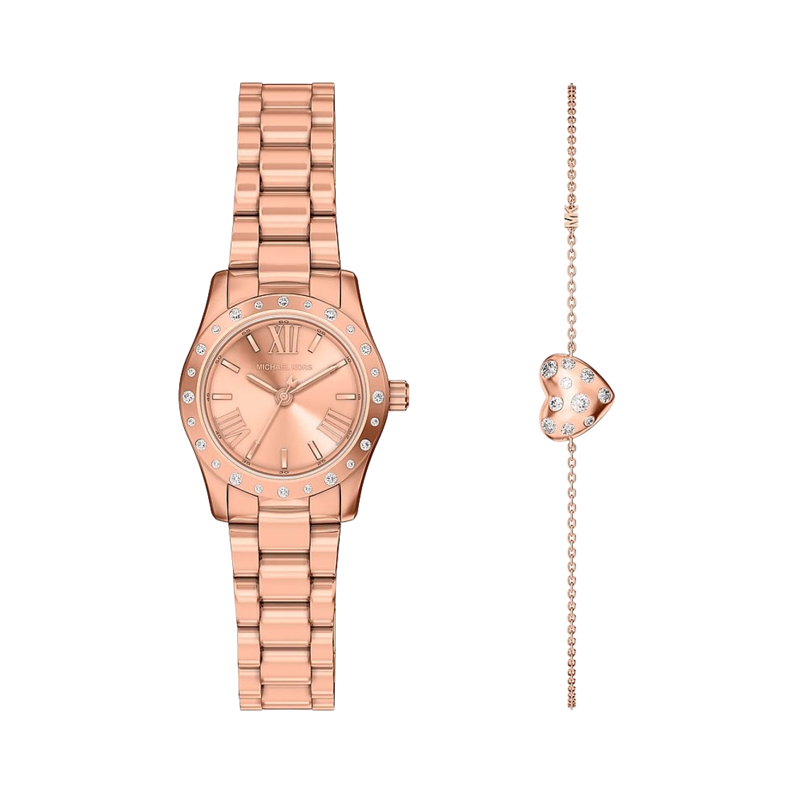 MK4994SET (W) Michael Kors Petite Lexington Pave Quartz Three-Hand 26mm Rose Gold Watch Heart Bracelet Gift Set