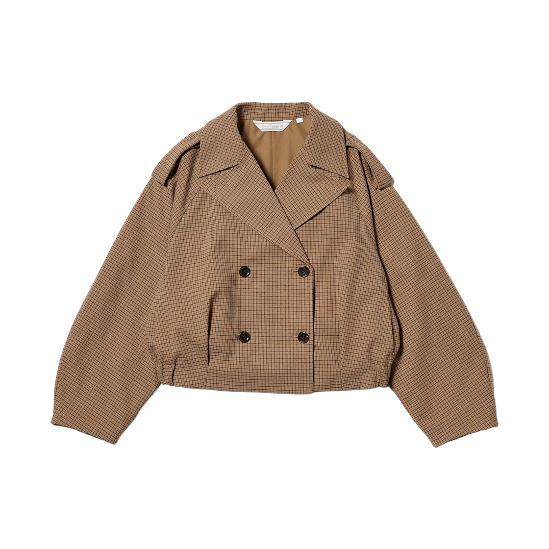 (W) GU x 로크 숏 트렌치 체크 코트 브라운((W) GU x Rokh Short Trench Check Coat Brown)