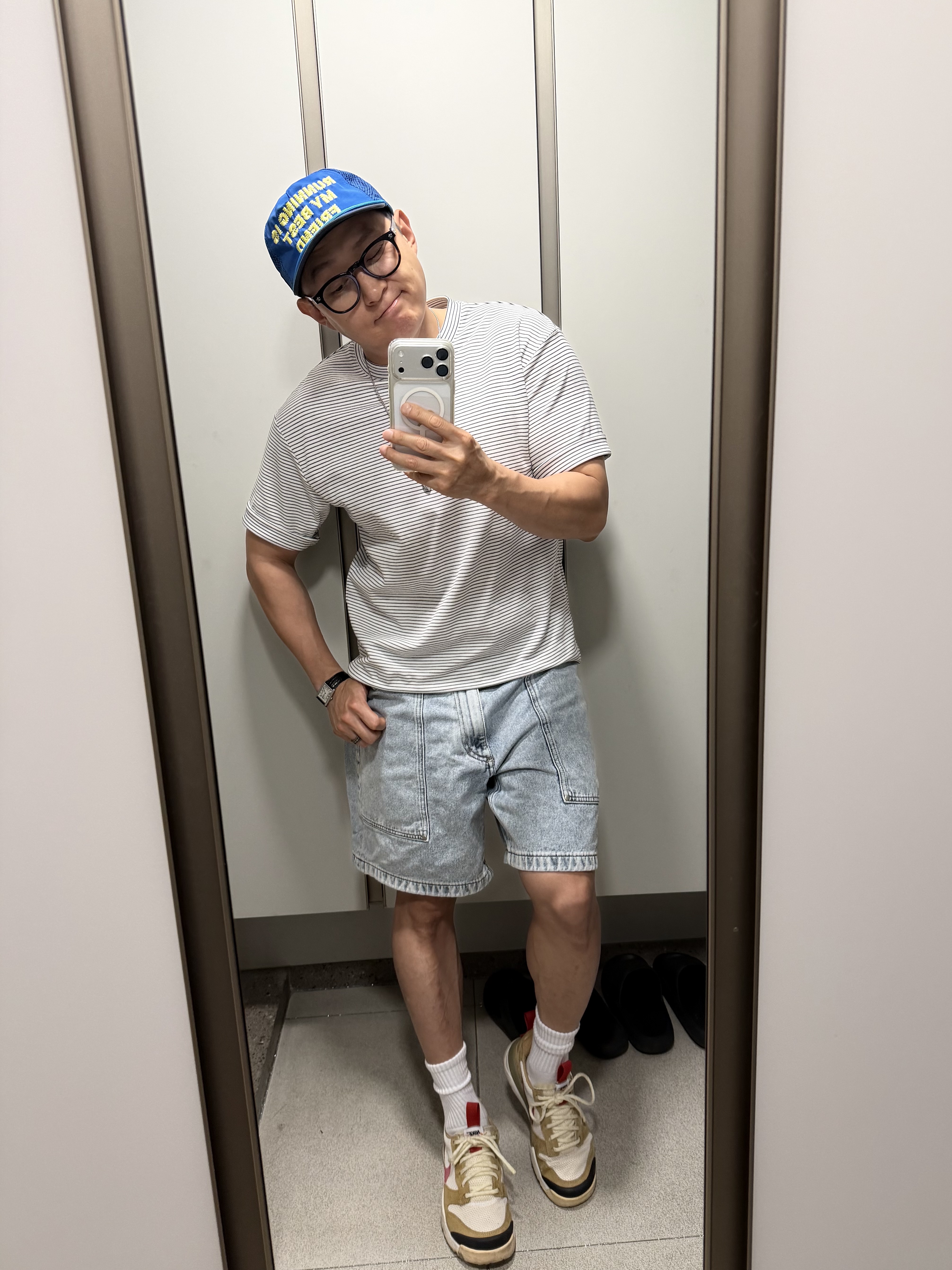 Nike x Tom Sachs Mars Yard Shoe 3.0 Space Camp, Alex Zono Running Is My Best Friend Trucker Blue 착용 스타일