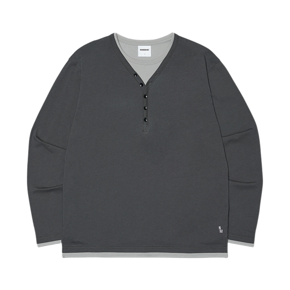 NMSS62LS10CHA NOMANUAL Layered Henley Neck Long Sleeve Tee Charcoal