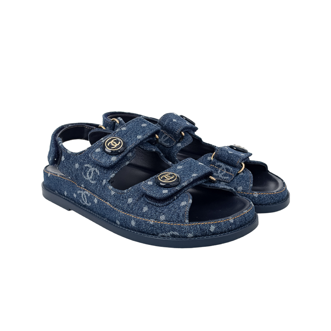 샤넬 23P 프린티드 데님 벨크로 샌들 36.5 다크블루 (6ET0958)(Chanel 23P Printed Denim Velcro Sandals Dark Blue (6ET0958)) - 1