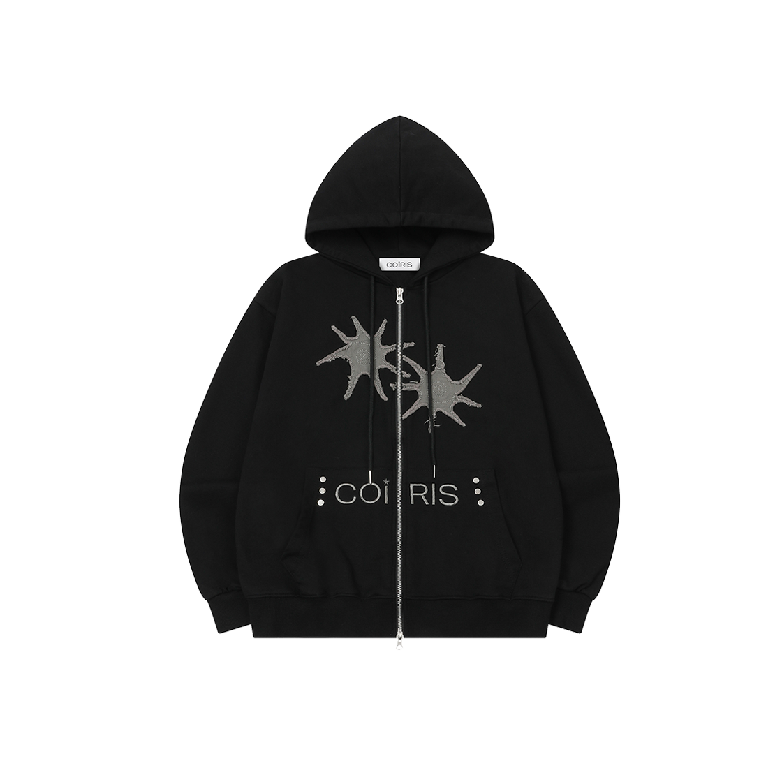 C-P00000EP Coris Akin Rivet Point Applique Hood Zip-Up Unisex Black