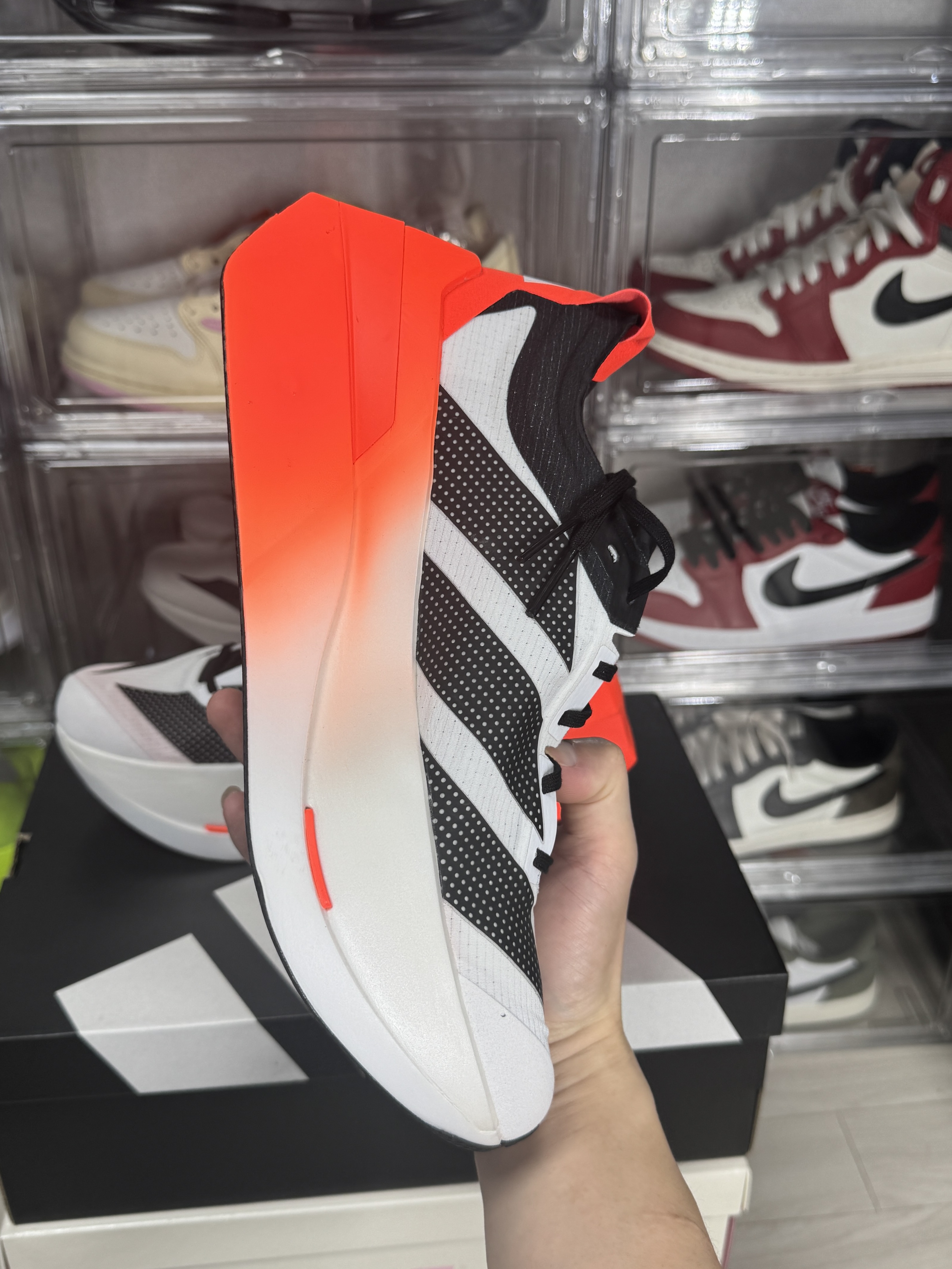 Adidas Adizero Dropset Elite Training Cloud White Solar Red, Adidas Adizero Prime x EVO Cloud White Core Black 착용 스타일 - 4