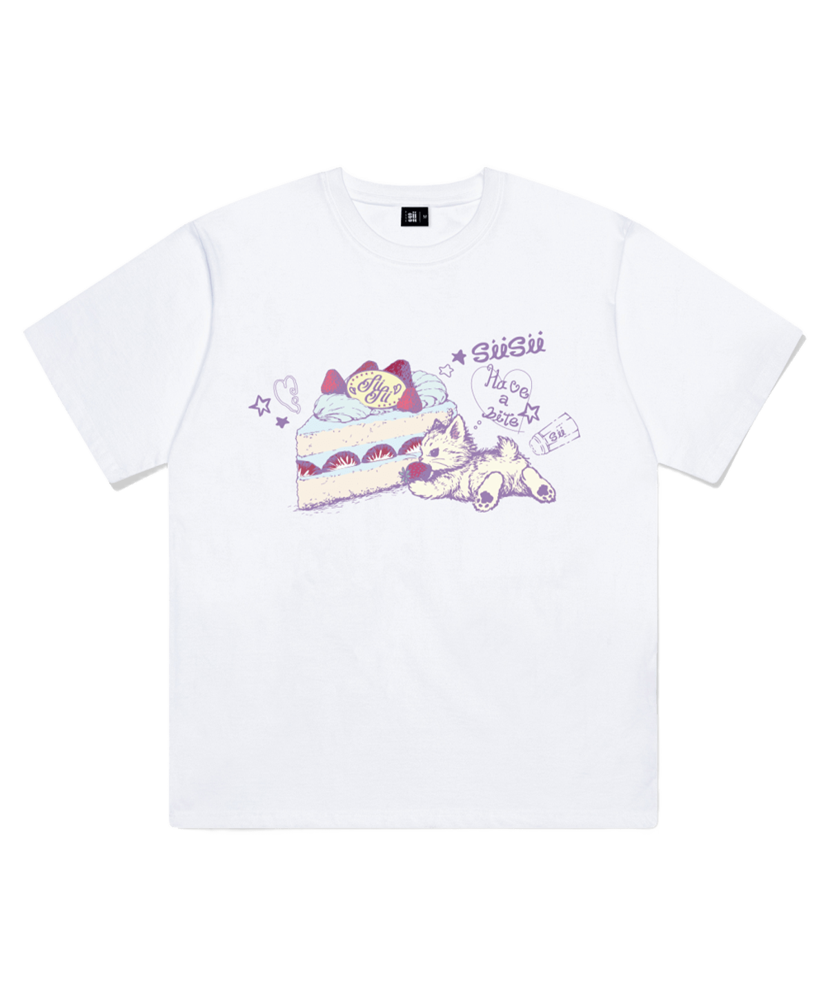 P261OTS077WH pagesiisii Vintage Cat Print Short Sleeve T-Shirt White
