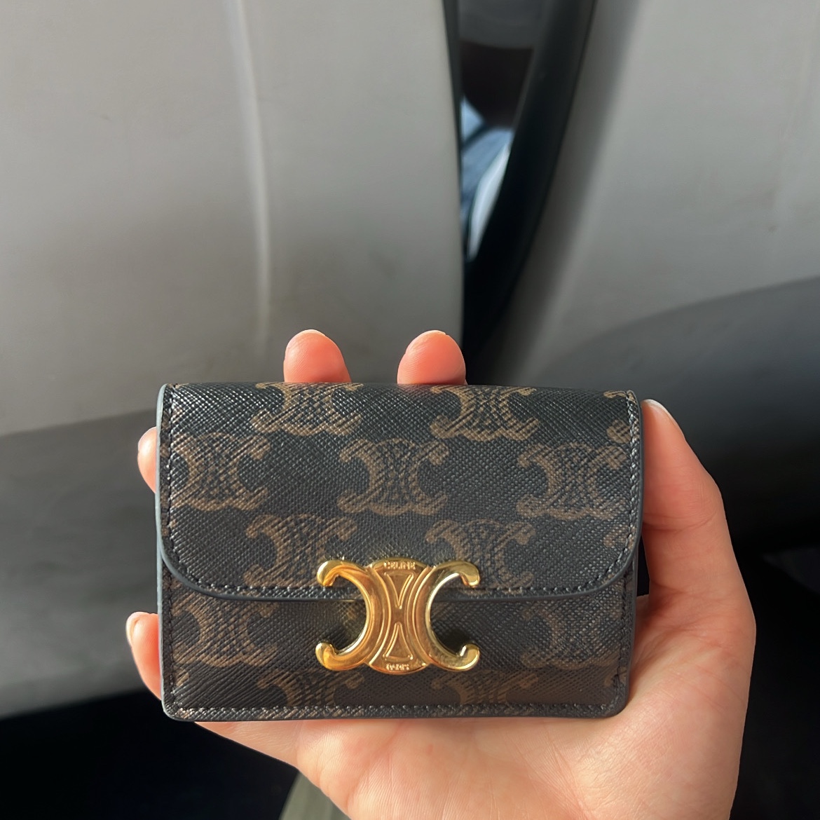 Celine Card Holder with Flap in Triomphe Canvas Tan 착용 스타일